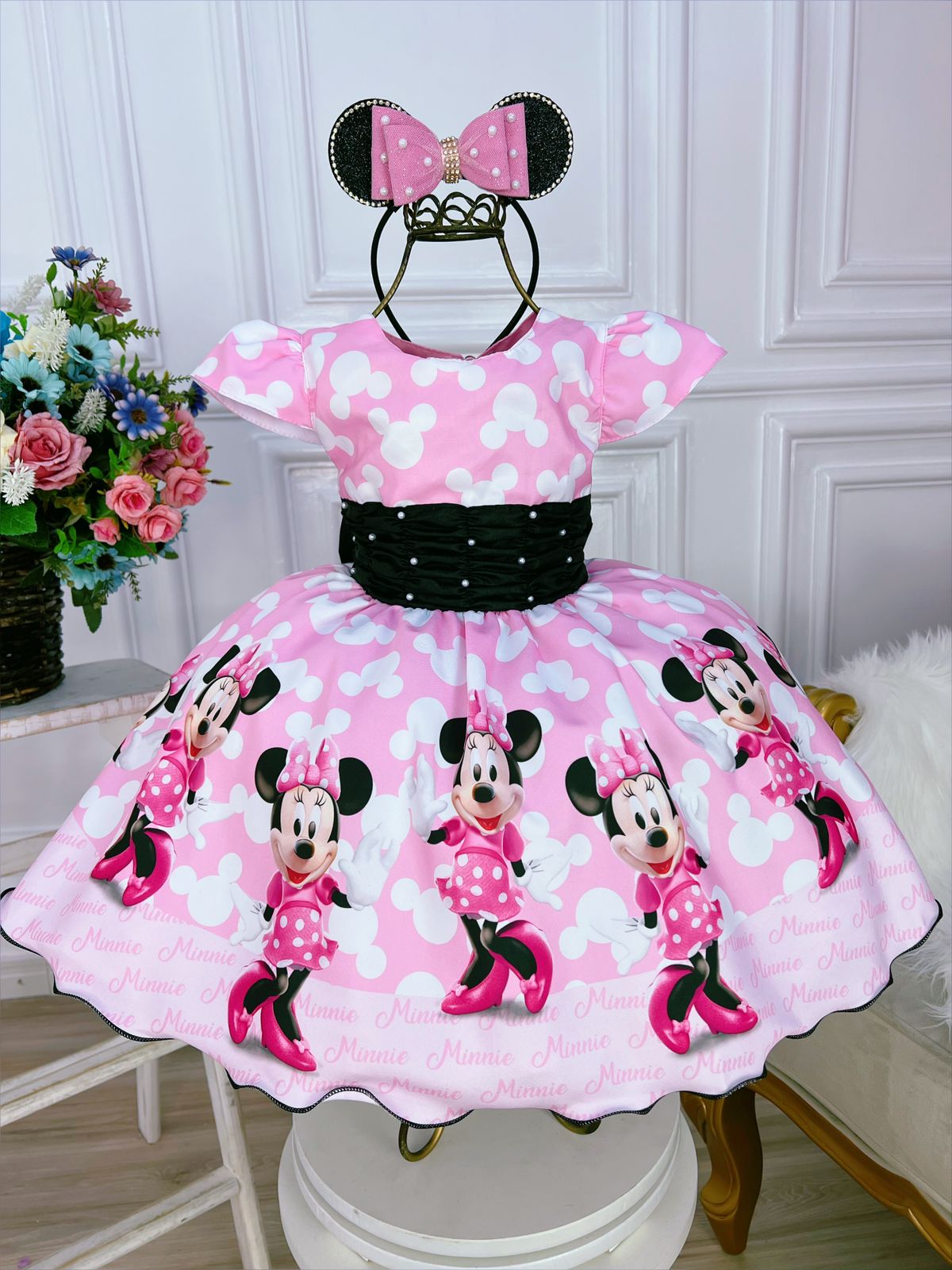 Vestido Infantil Minnie Rosa e Preto Com Pérolas Festas