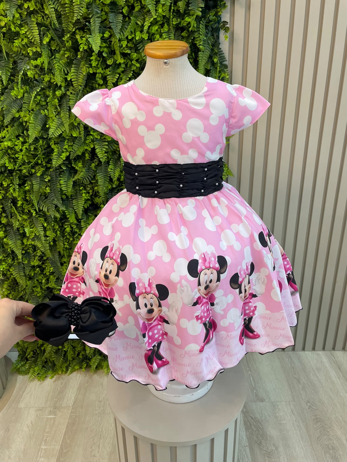 Vestido Infantil Minnie Rosa e Preto Com Pérolas Festas