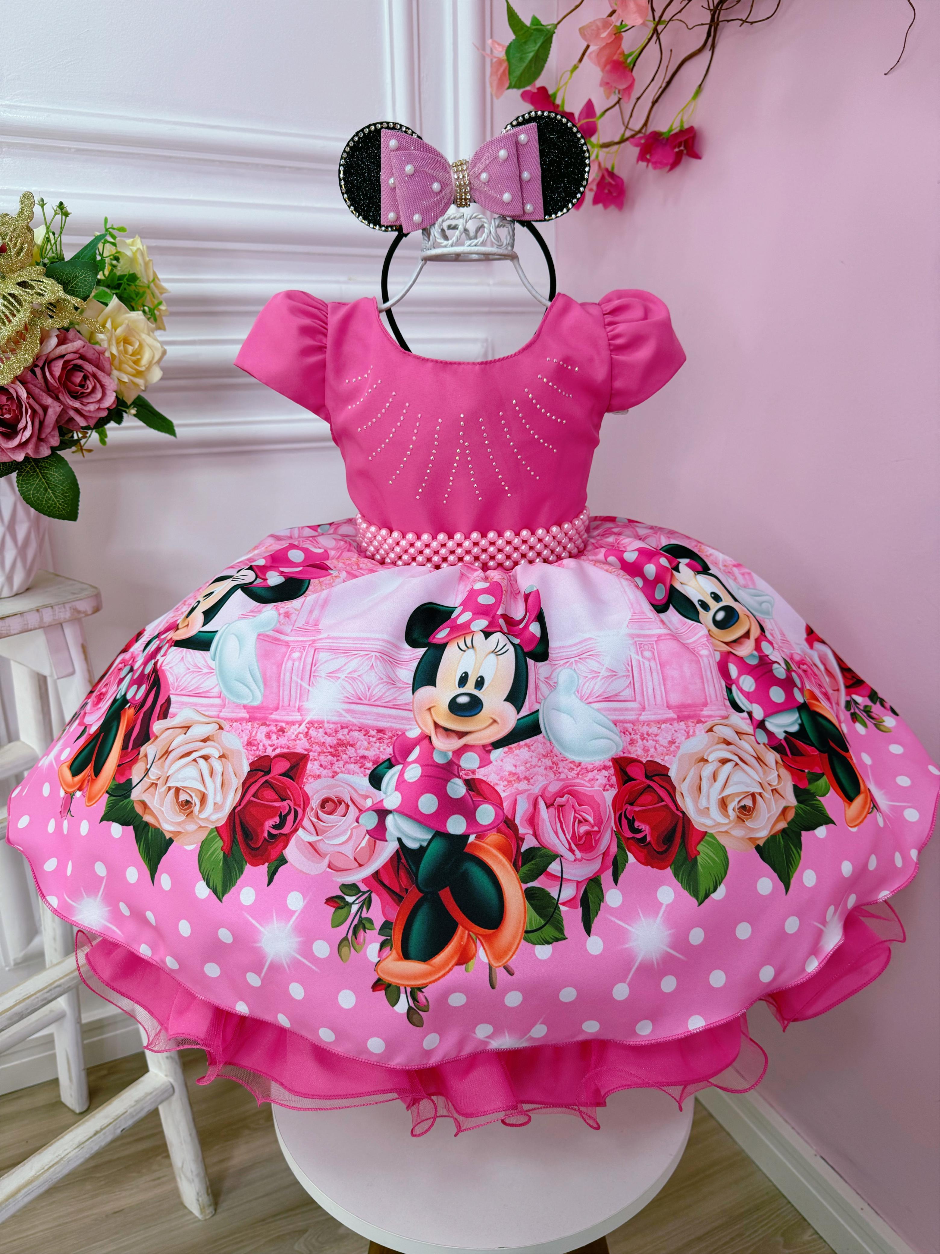 Vestido Infantil Minnie Rosa Florido Strass Cinto de Pérolas