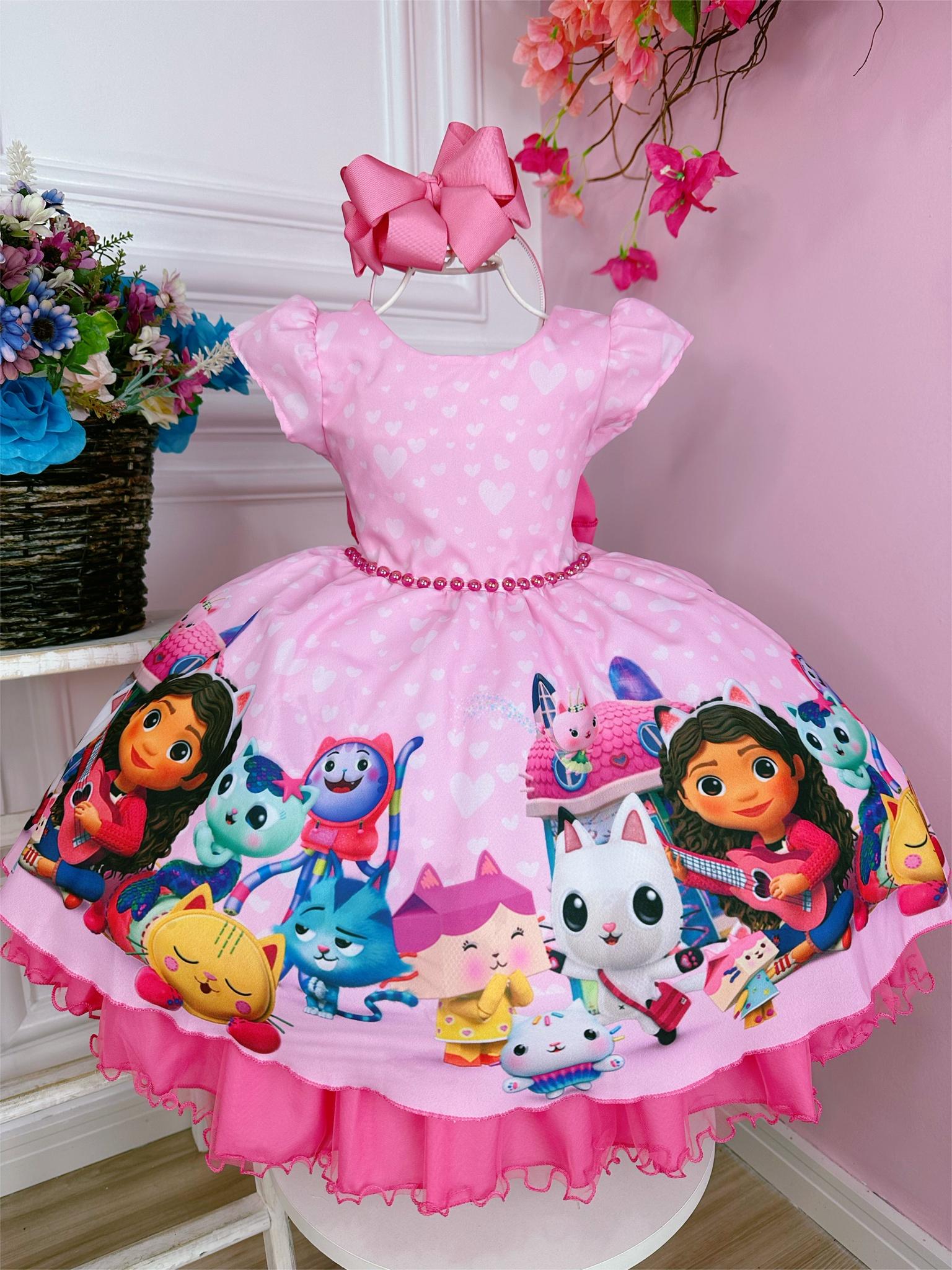Vestido Infantil Casa Mágica da Gabby Rosa Luxo Corações