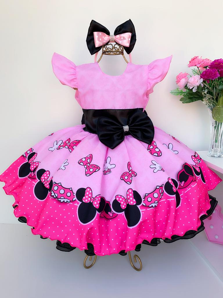 Vestido Infantil Rosa Preto Luxo Festas com Tiara