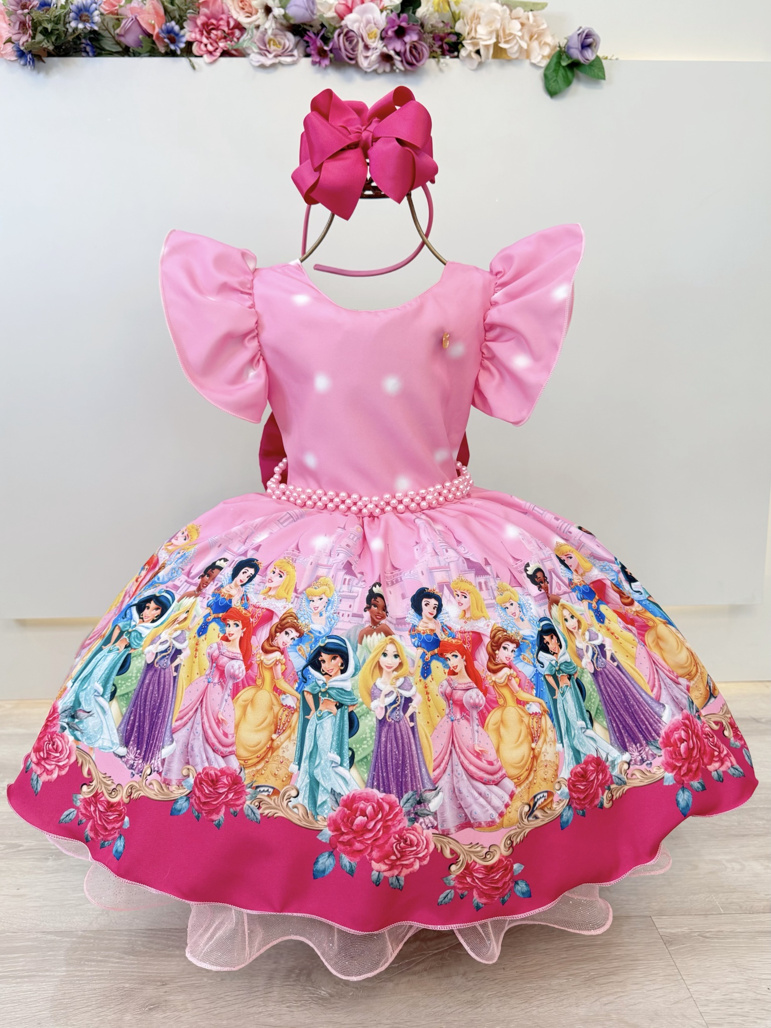 Vestido Infantil Rosa Princesas Festas C/ Pérolas