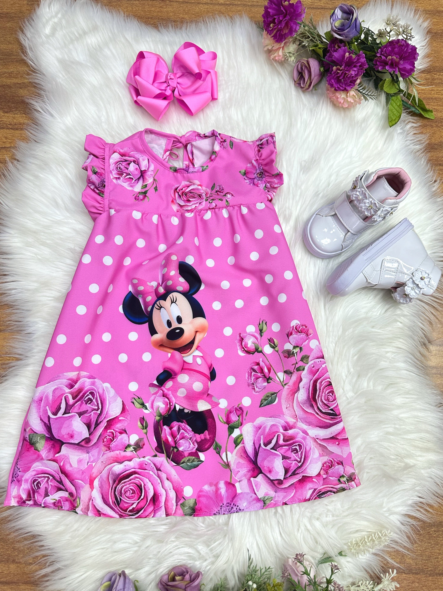 Vestido Infantil Trapézio da Minnie Rosa Manga Flu-Flu