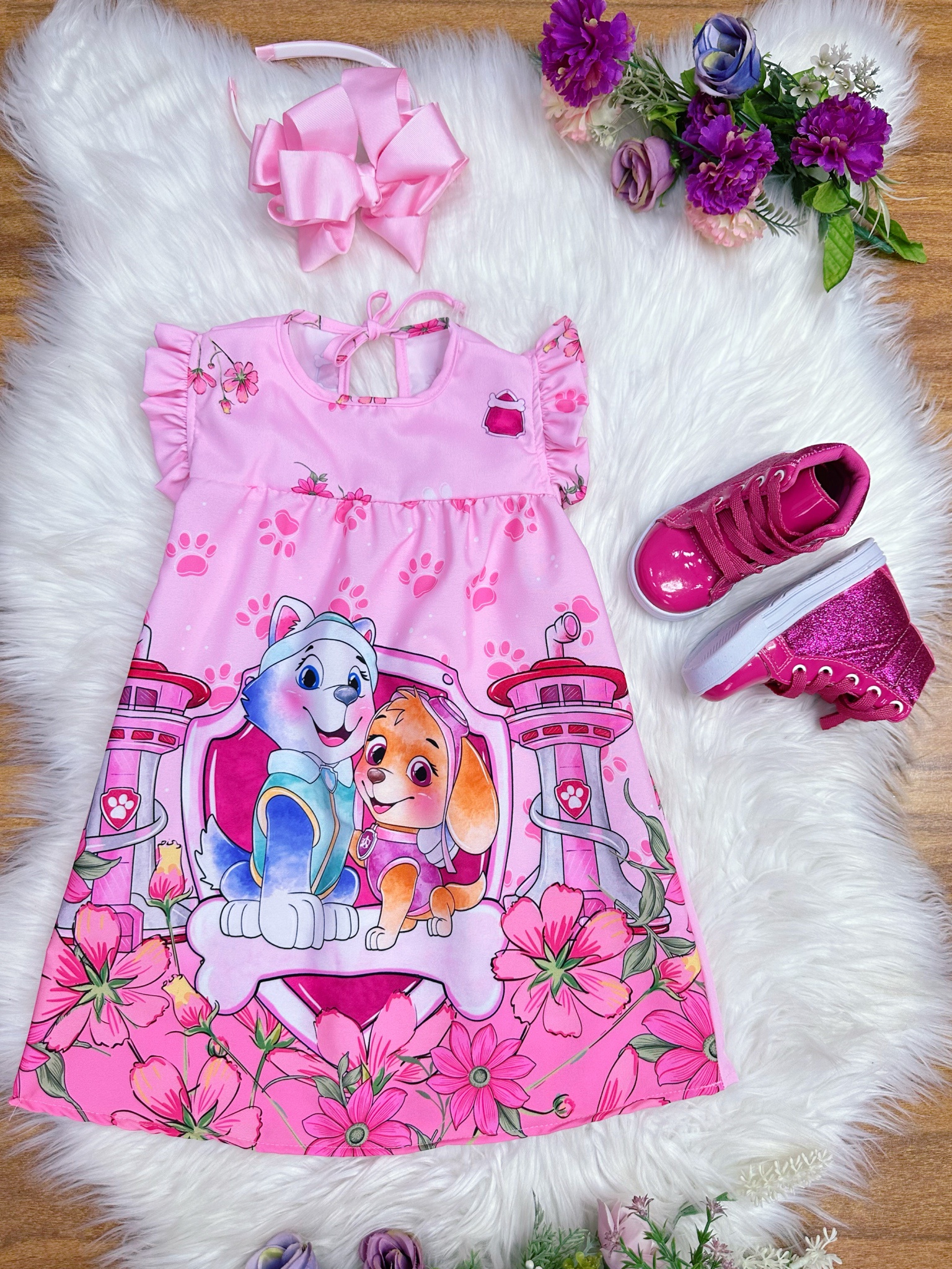 Vestido Infantil Trapézio da Patrulha Canina Sky Rosa Manga Flu-Flu
