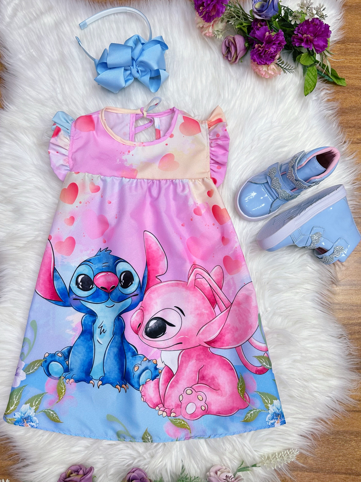 Vestido Infantil Trapézio Lilo Stitch e Angel Rosa Manga Flu-Flu