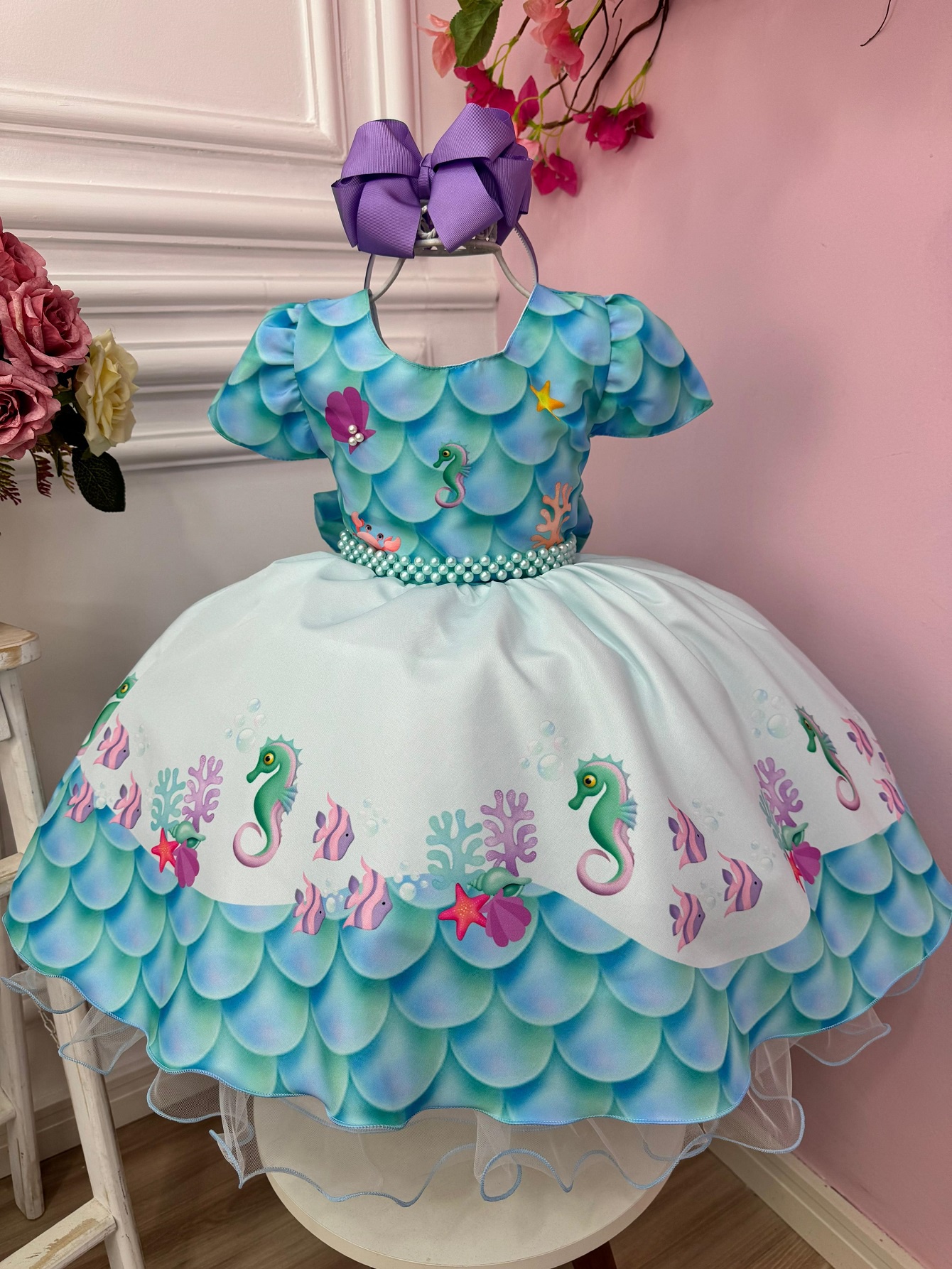 Vestido Infantil Fundo do Mar Luxo C/ Pérolas Festas