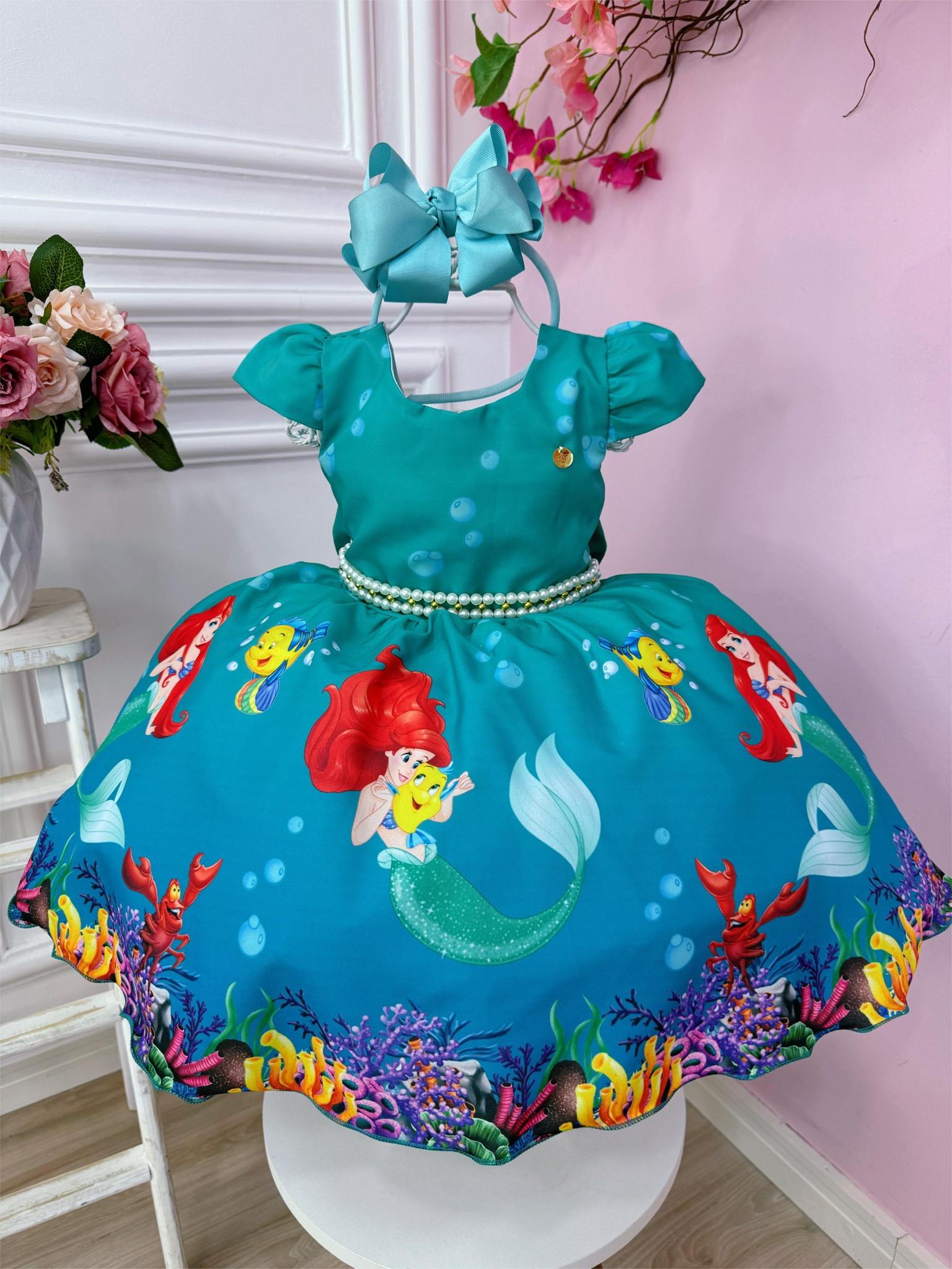 Vestido Infantil Pequena Sereia Ariel Verde C/ Pérolas