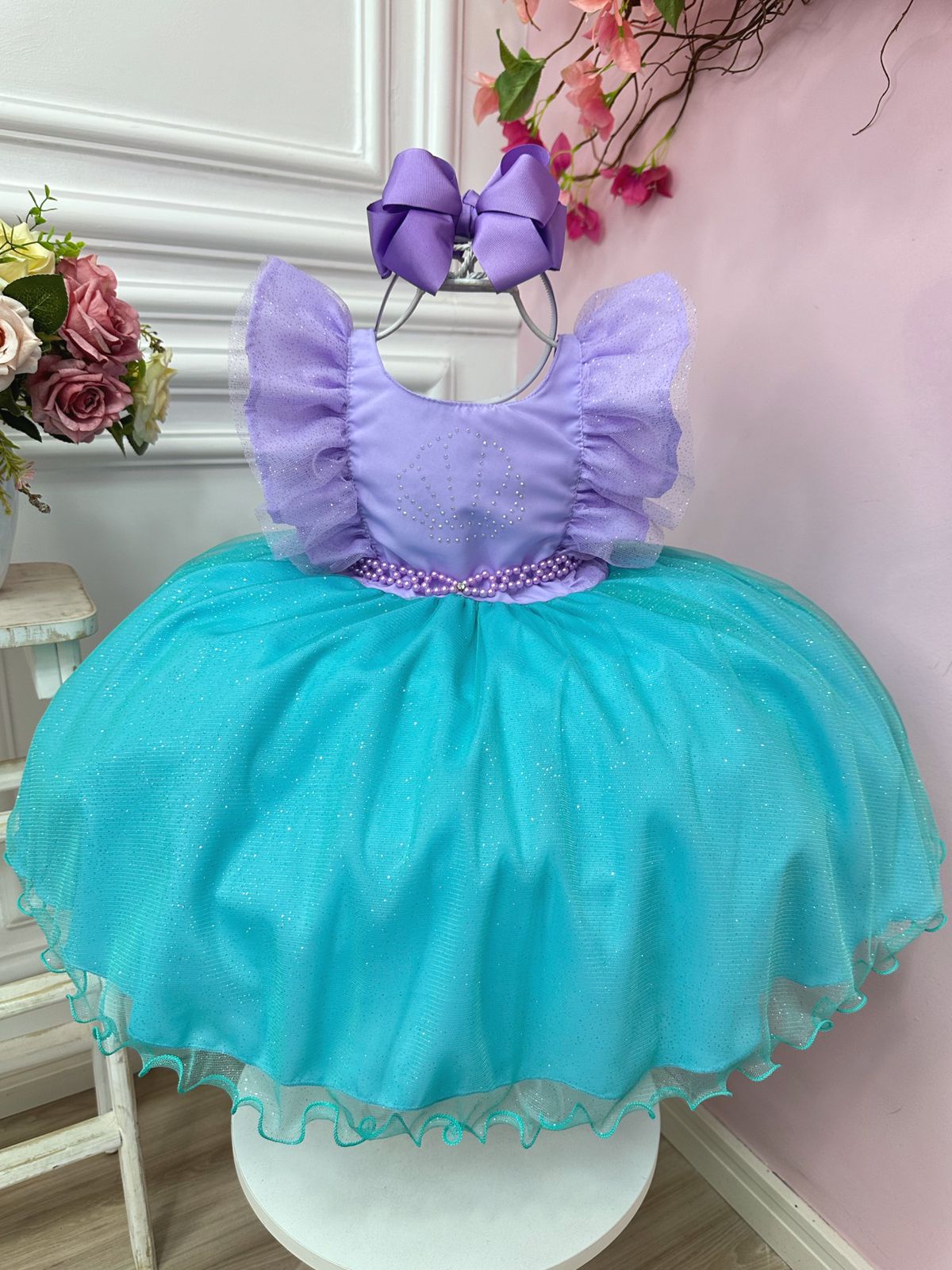 Vestido Infantil Pequena Sereia Ariel Busto C/ Strass Babados