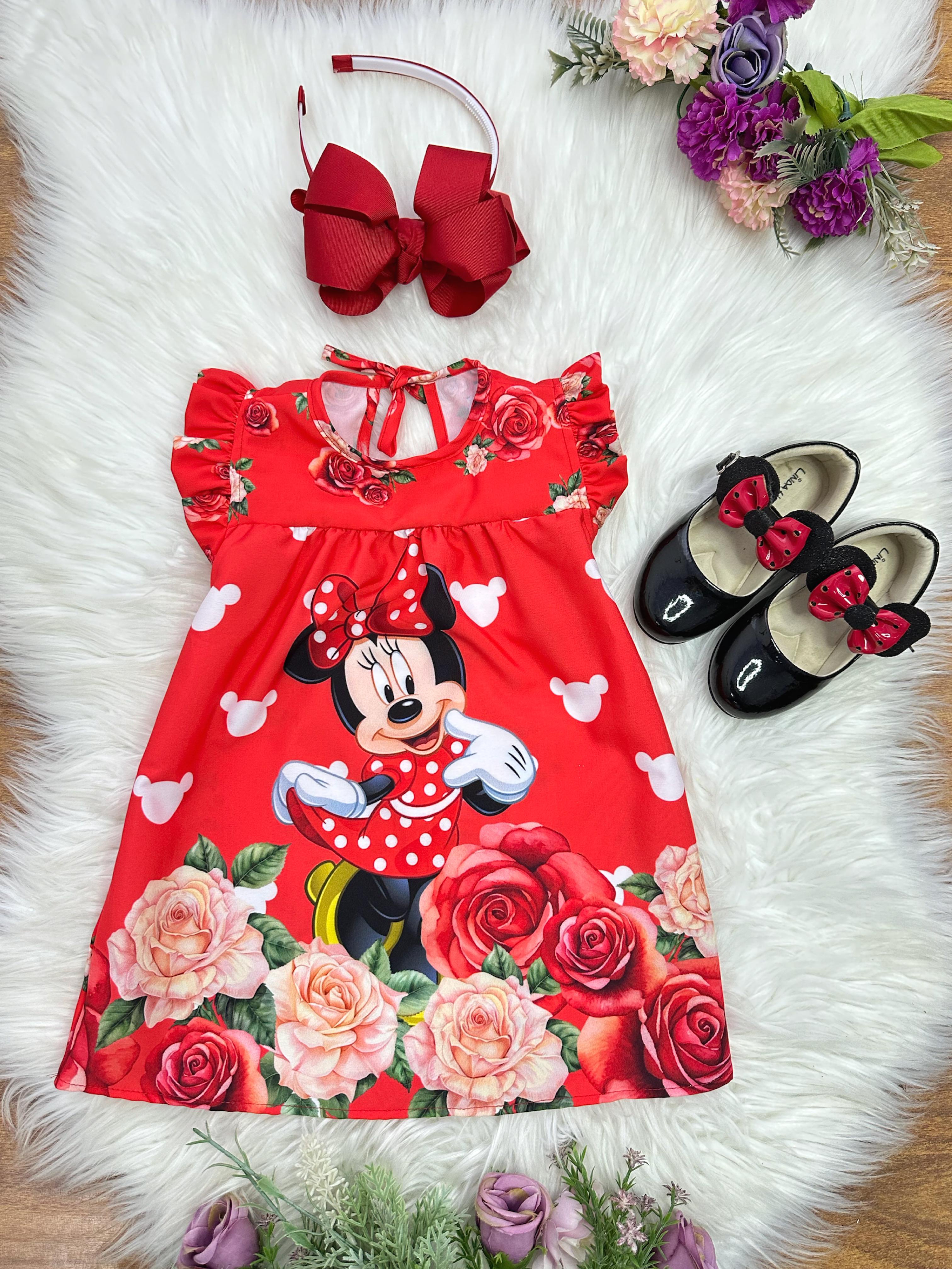 Vestido Infantil Trapézio da Minnie Vermelha Manga Flu-Flu