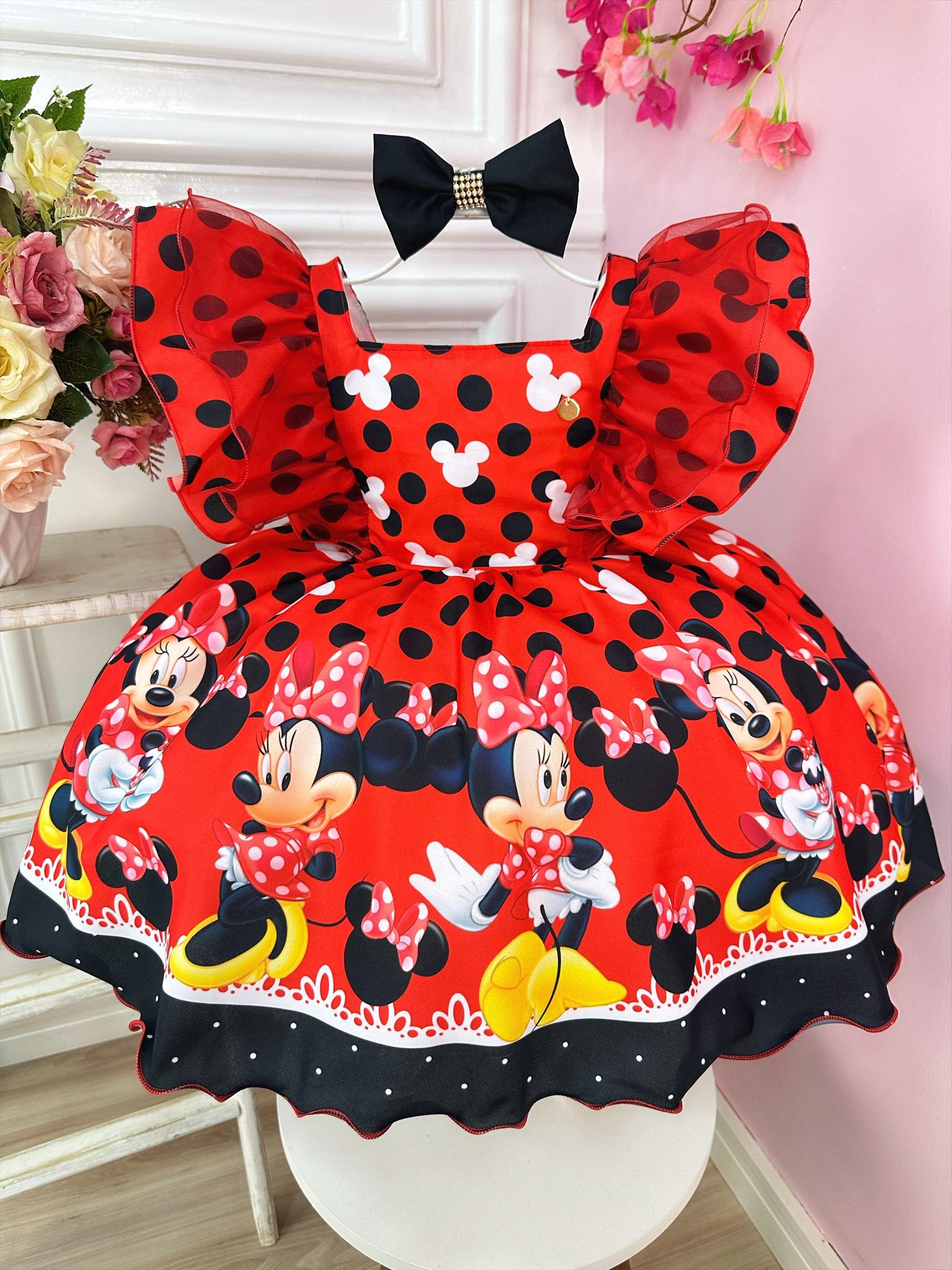 Vestido Infantil Vermelha Minnie Bolinhas Pretas C/ Laço Luxo