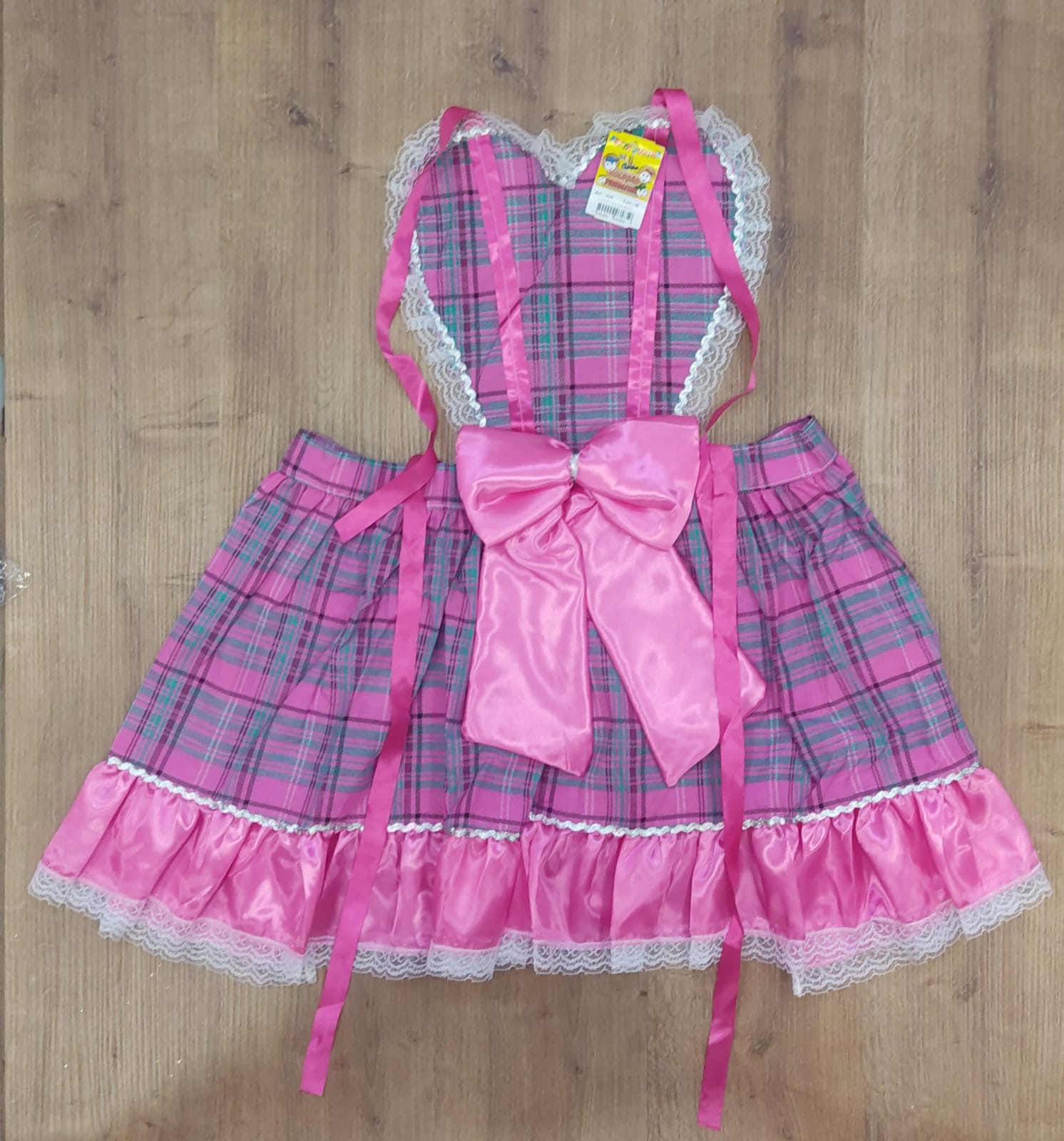 Avental Infantil Junino Caipira Arraiá Festas Rosa Chiclete Xadrez