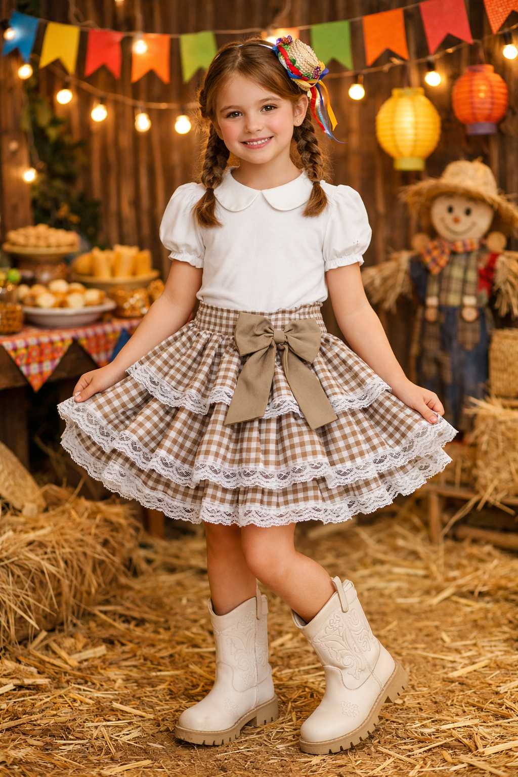 Saia Meninas Junino Arraiá Festas Bege Xadrez