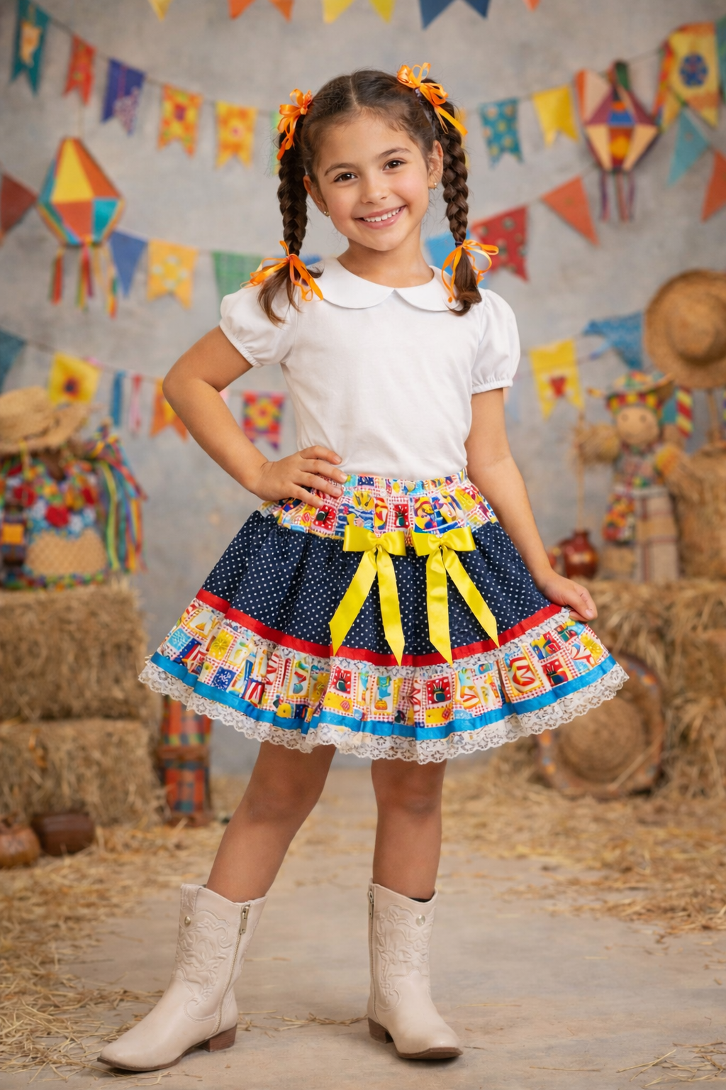 Saia Meninas Caipira Junino Preta Estampa Circo Colorida