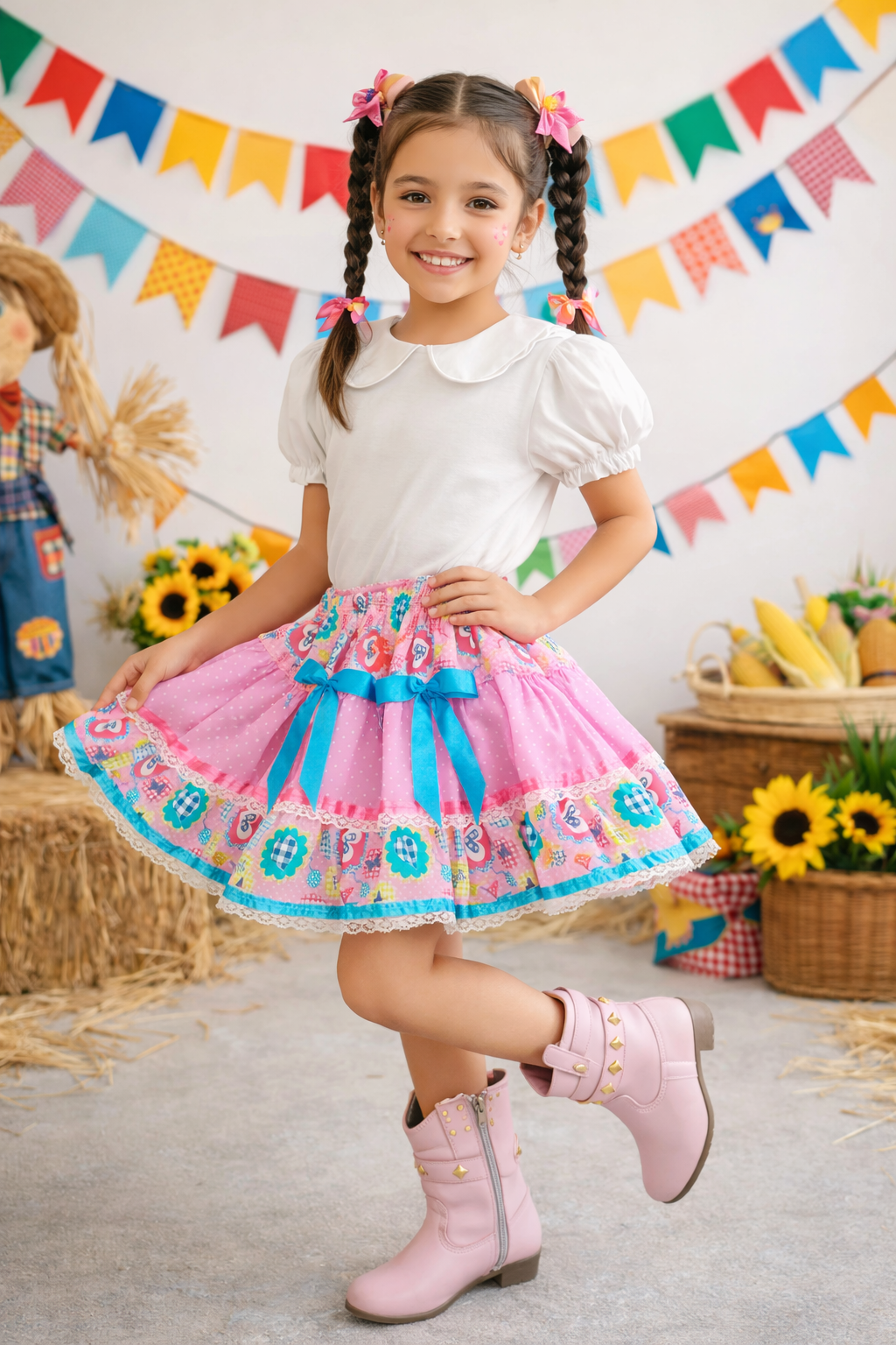 Saia Meninas Caipira Junino Rosa Colorida Flores
