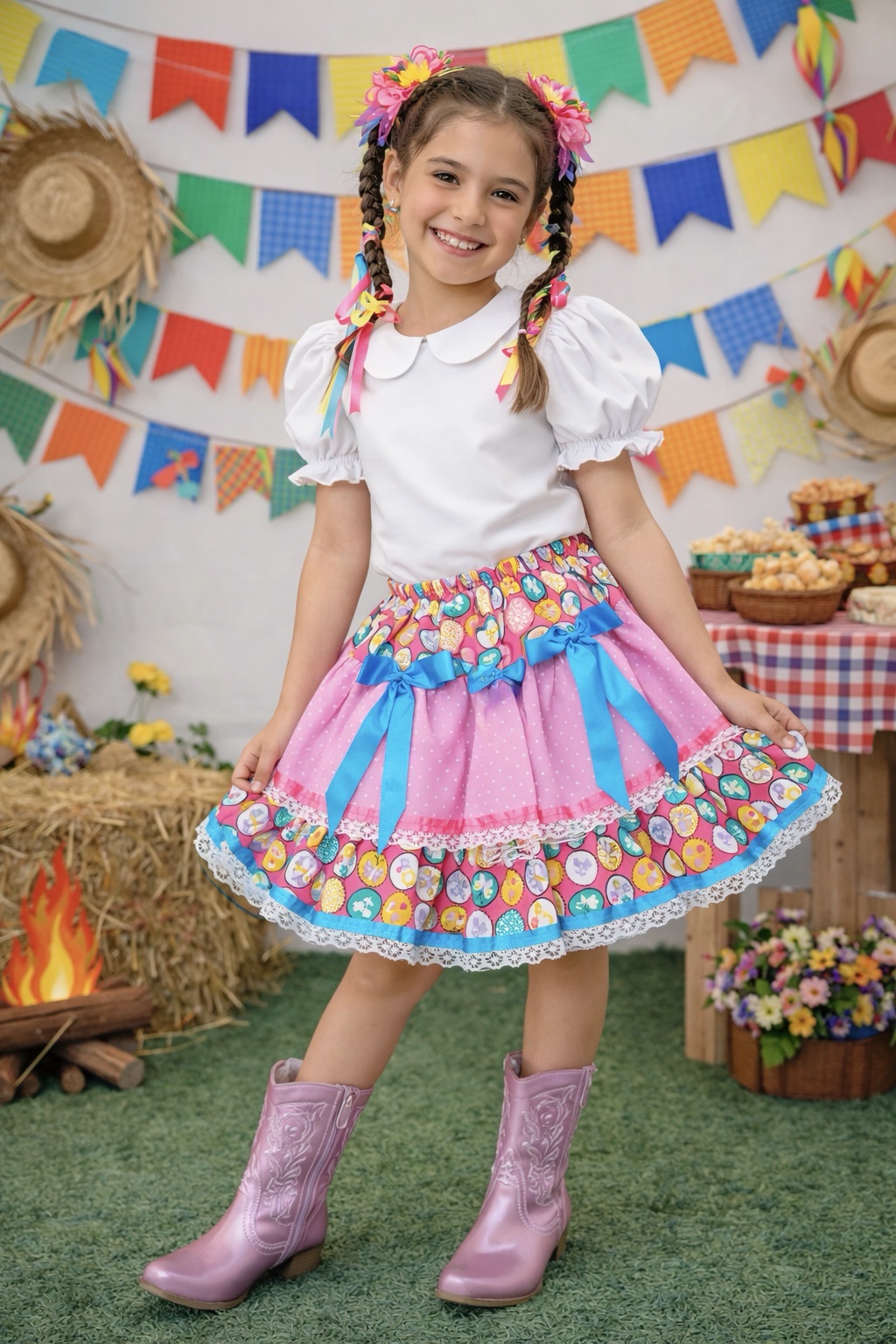 Saia Infantil Meninas Junino Caipira Rosa Colorida Flores