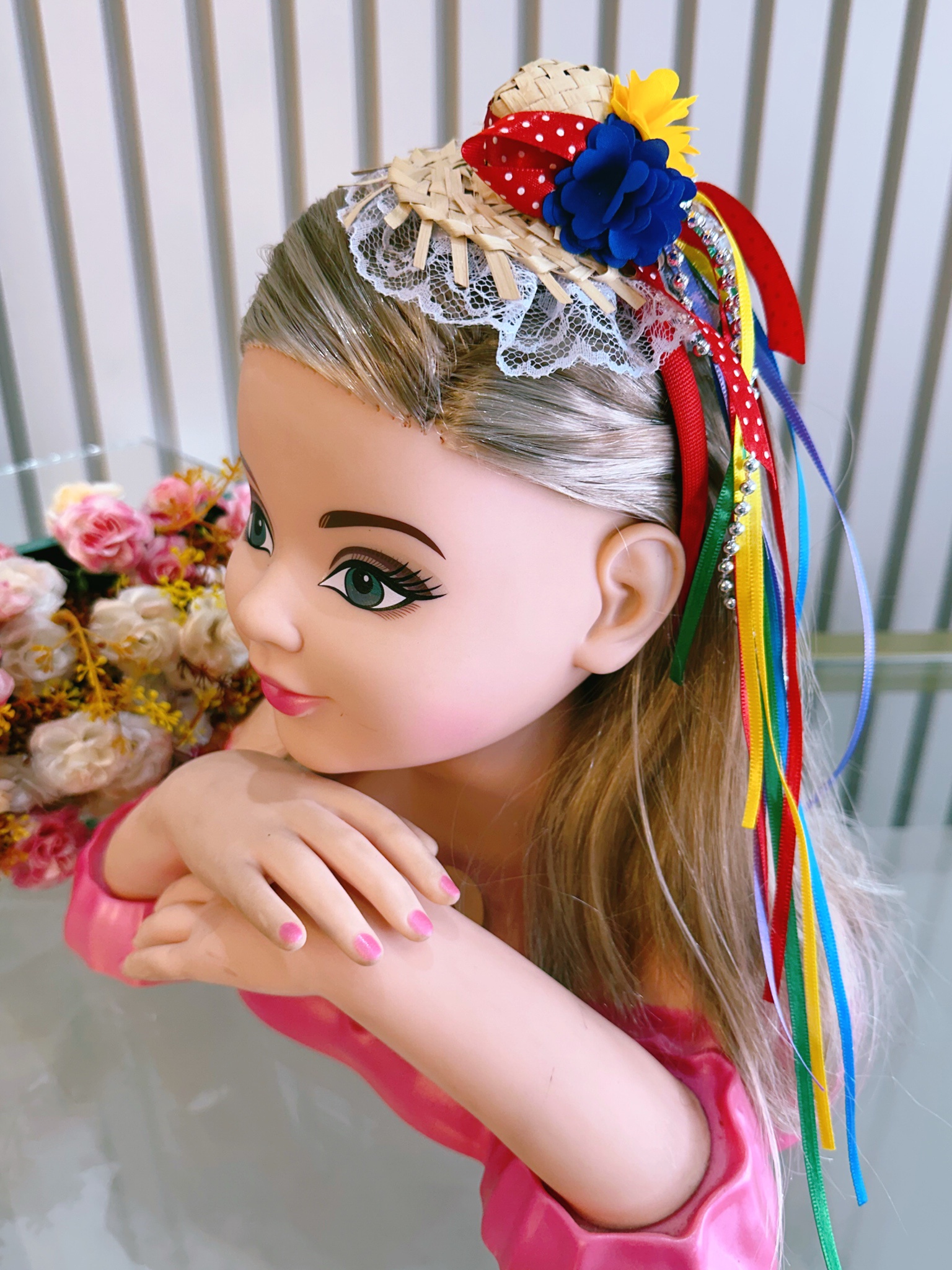 Tiara Infantil Junina Festas C/ Florzinhas e Fitas de Cetim