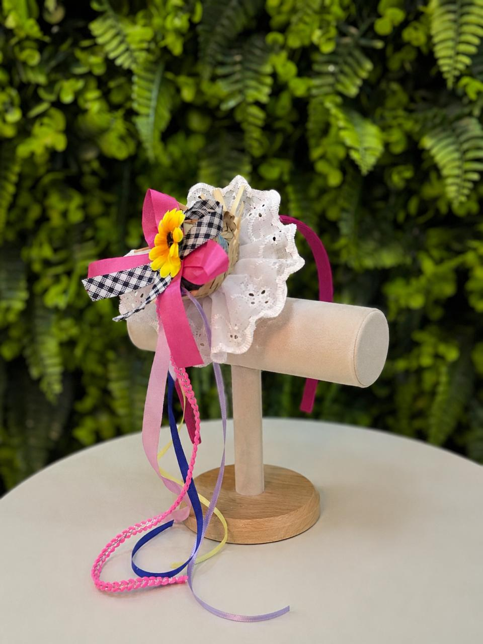 Tiara Junina Infantil Pink com Chapéu de Palha e Girassol