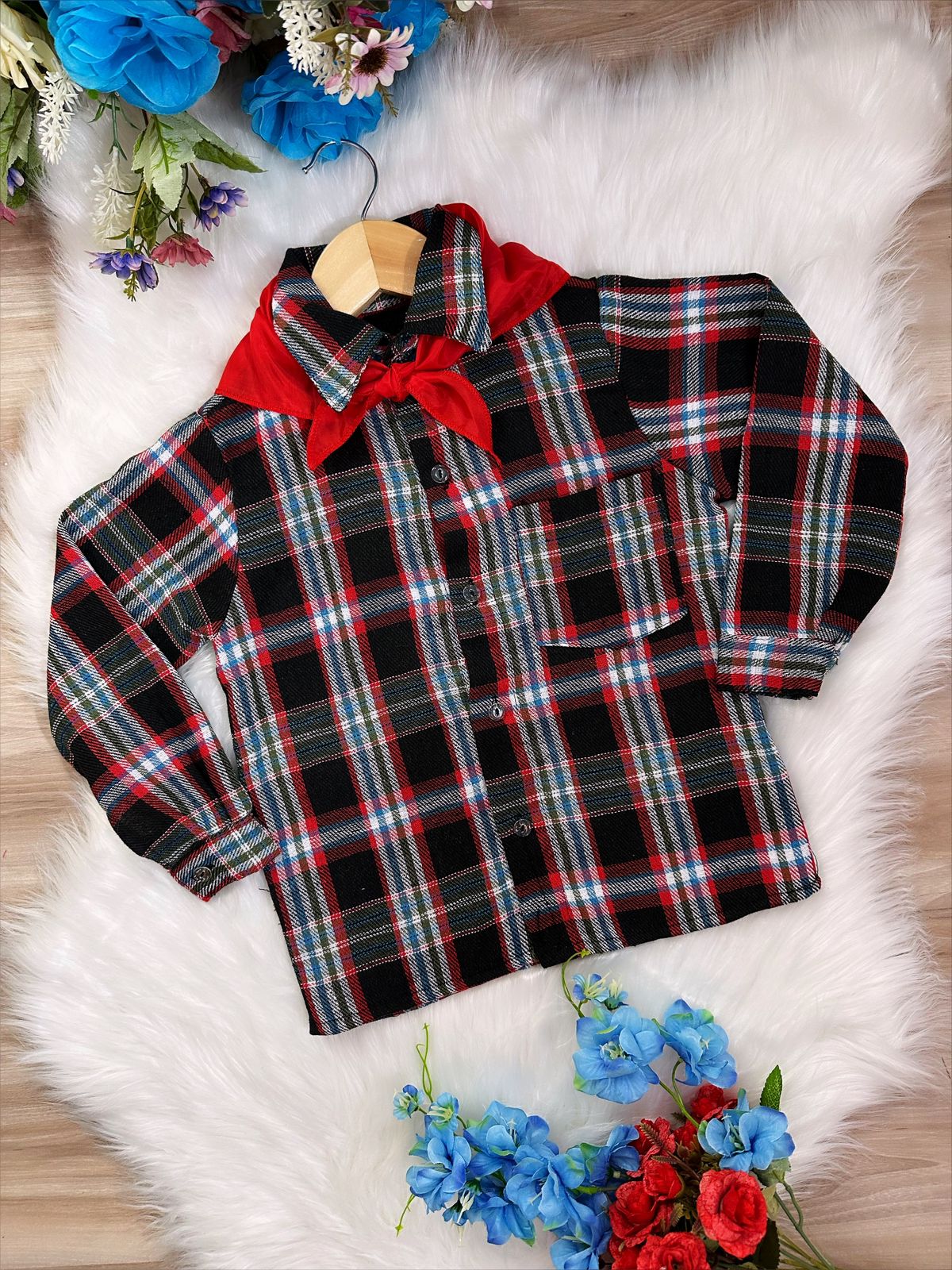 Camisa Xadrez Menino Flanelada Junino Preto Branco Vermelho C/ Lenço