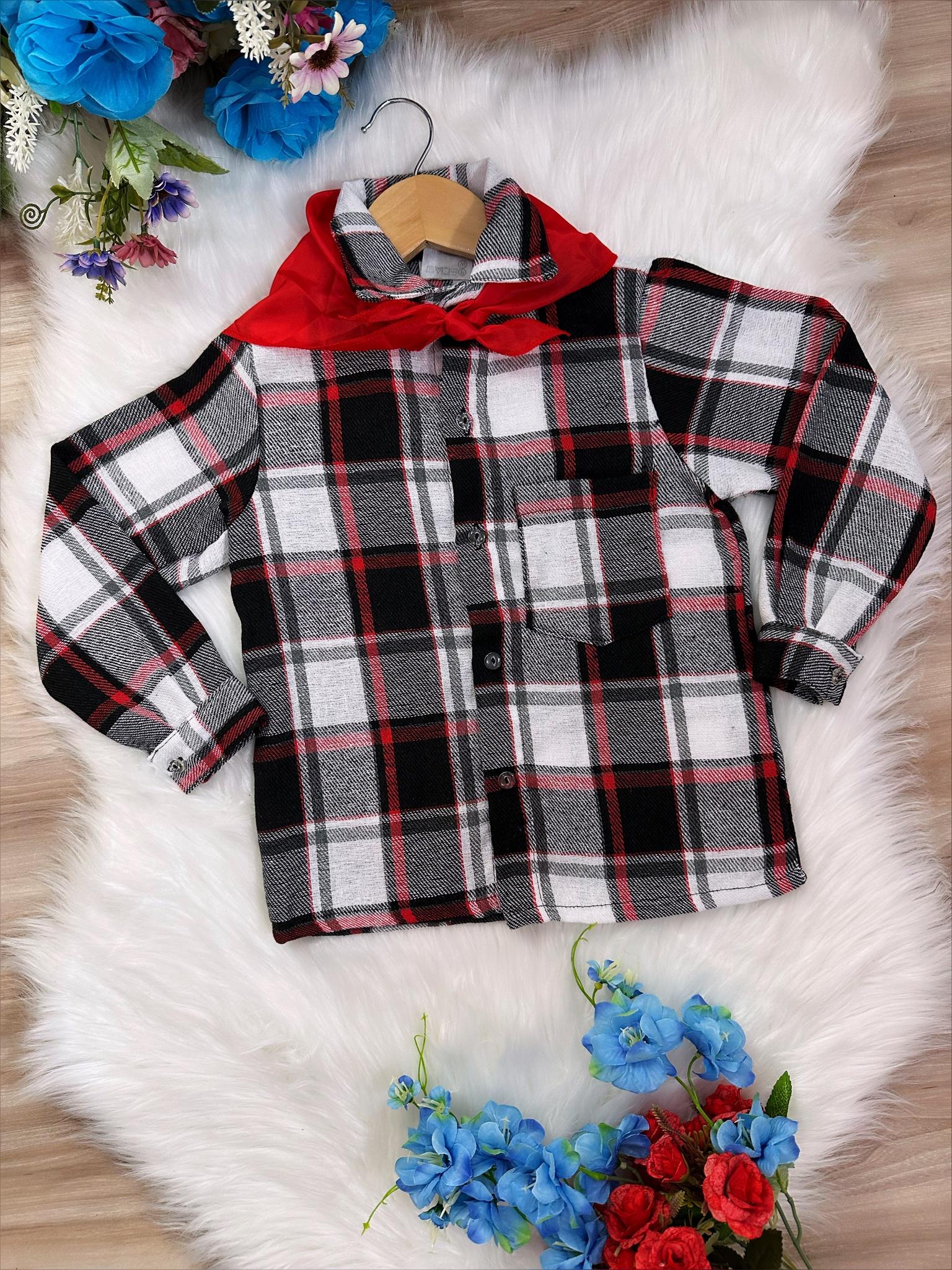 Camisa Xadrez Menino Flanelada Junino Preto Vermelho Branco C/ Lenço