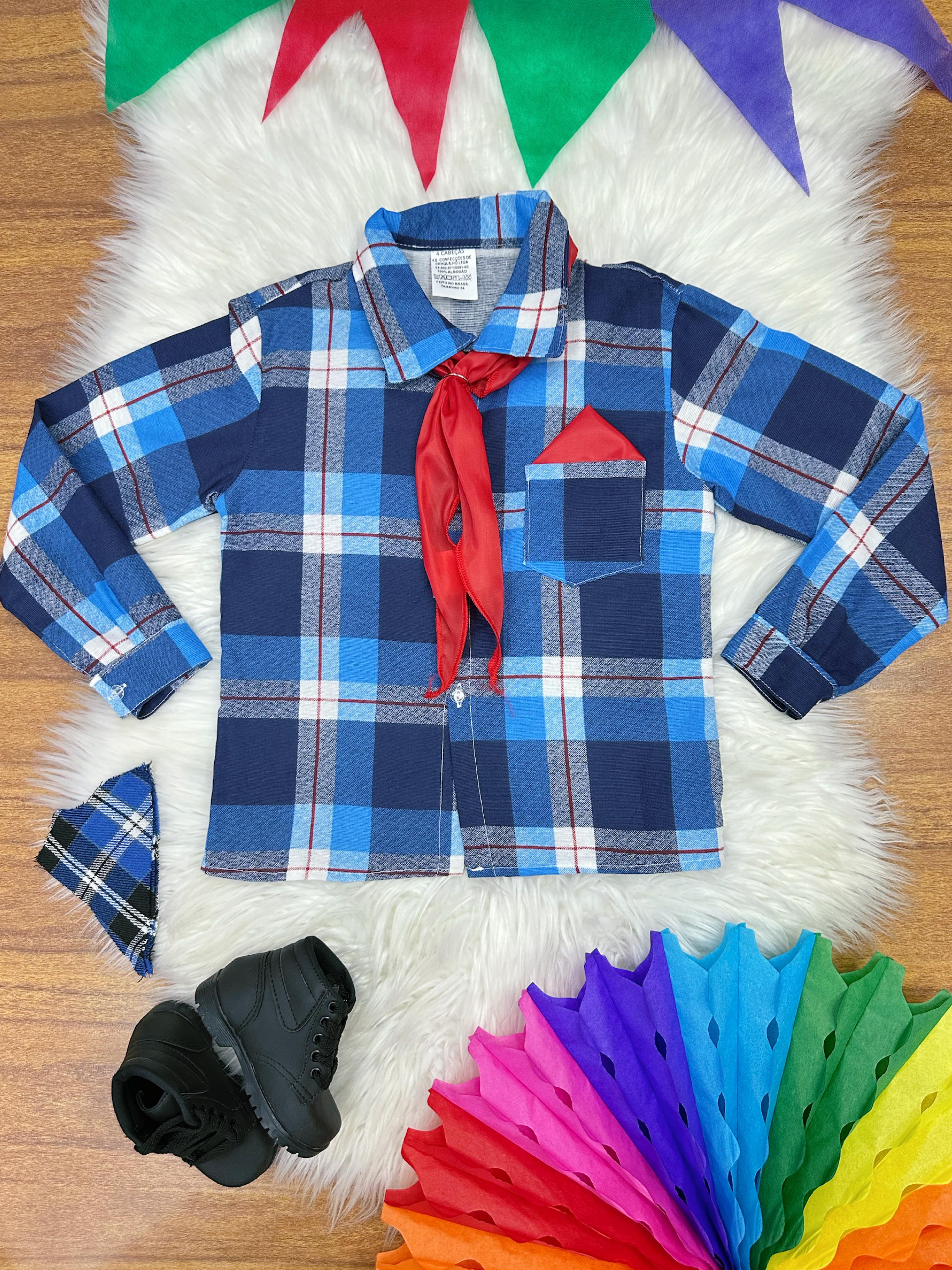 Camisa Flanelada Xadrez Junino Azul C/ Lenço e Gravata