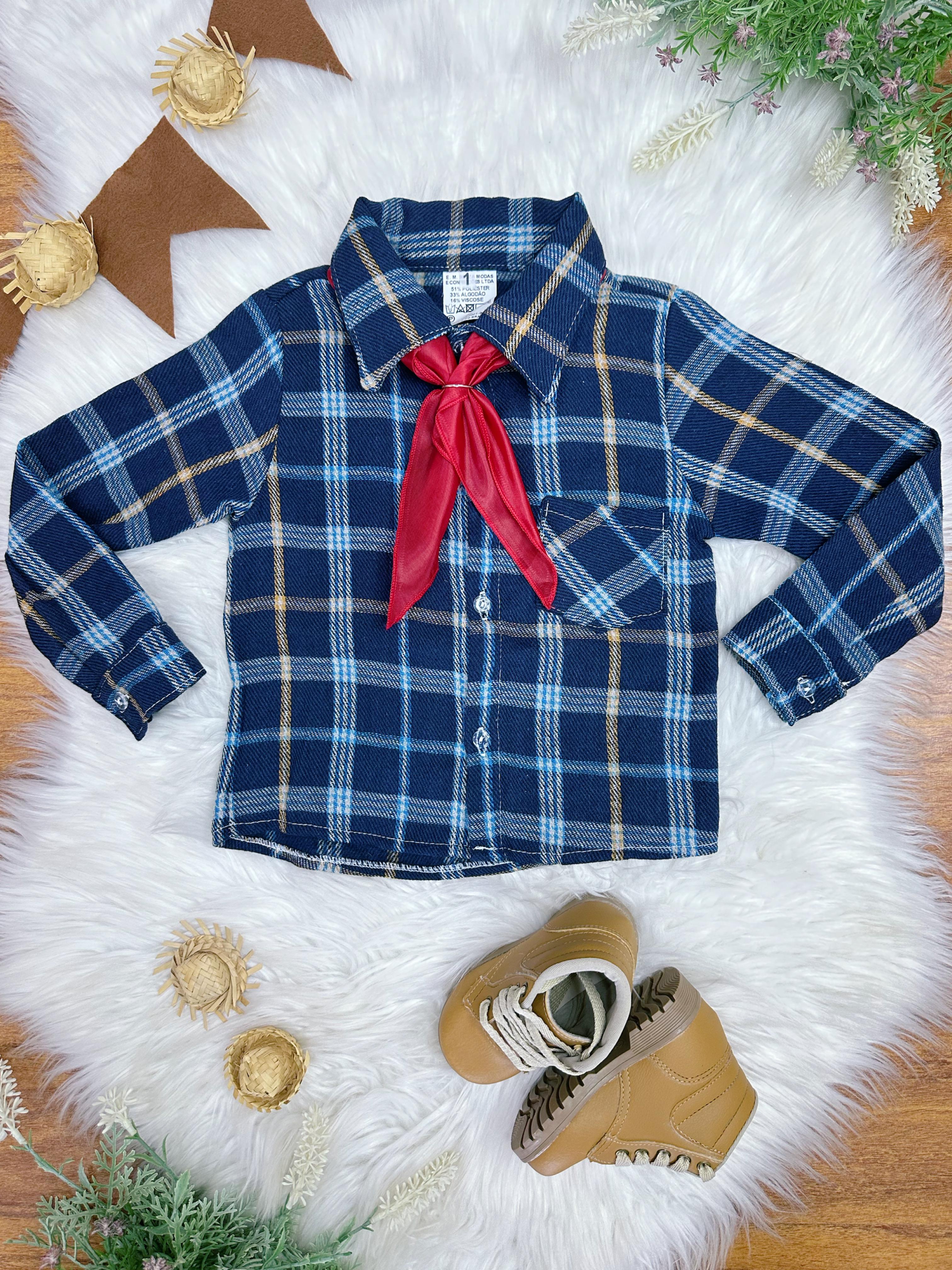 Camisa Flanelada Xadrez Junino Azul Escuro C/ Gravata