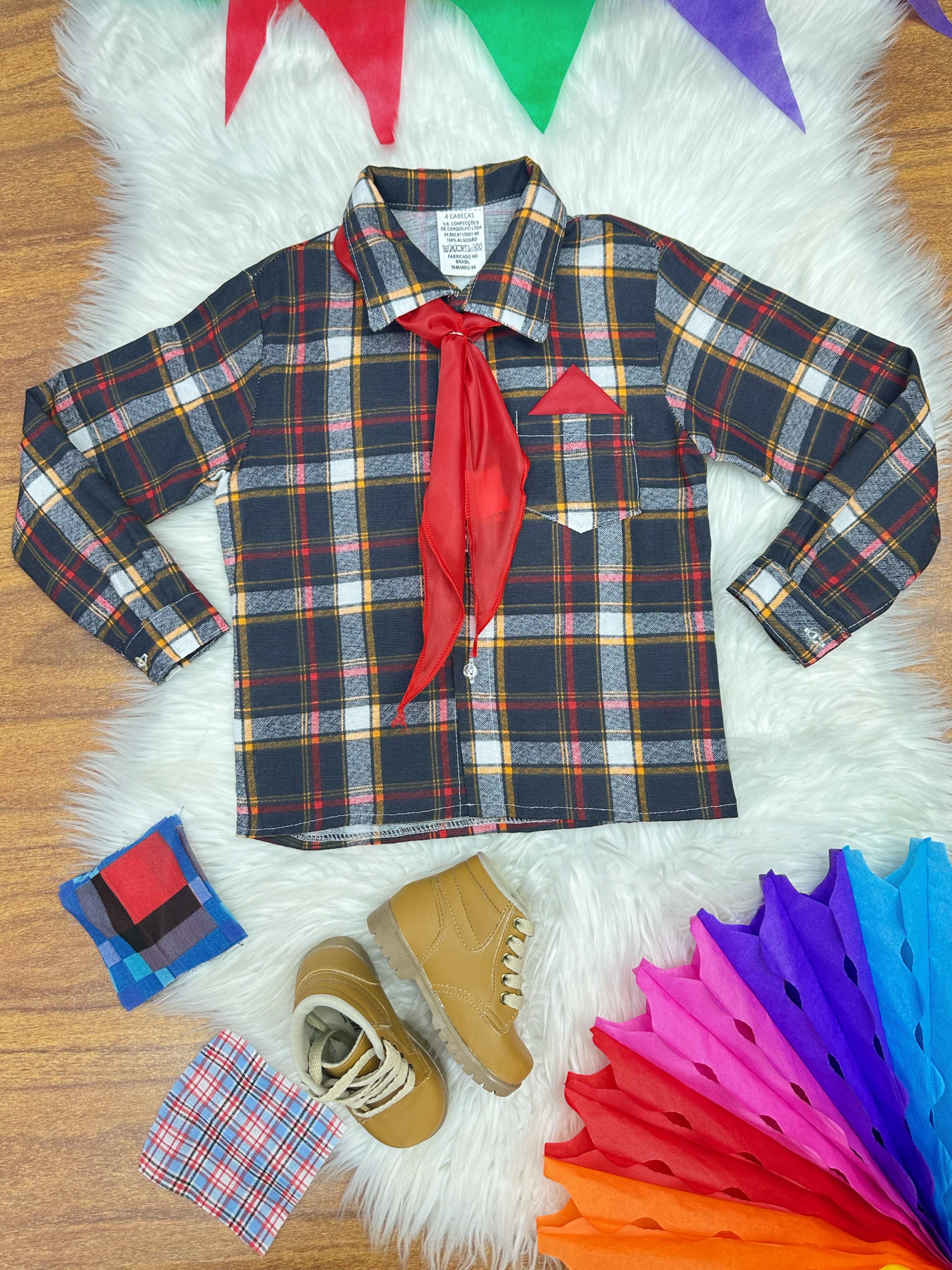 Camisa Flanelada Xadrez Junino Preto e Laranja C/ Lenço e Gravata