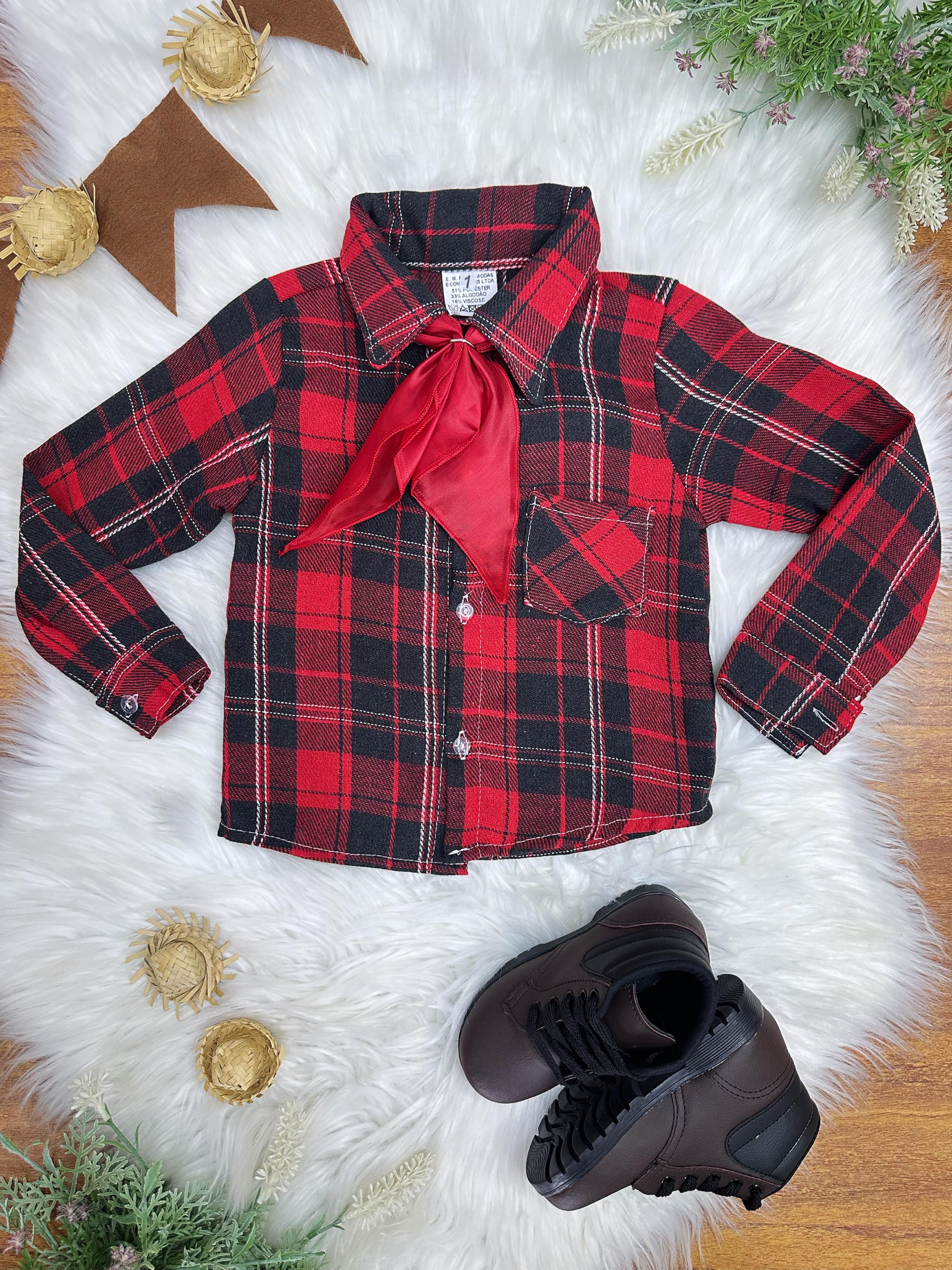 Camisa Flanelada Xadrez Junino Preto e Vermelho C/ Gravata