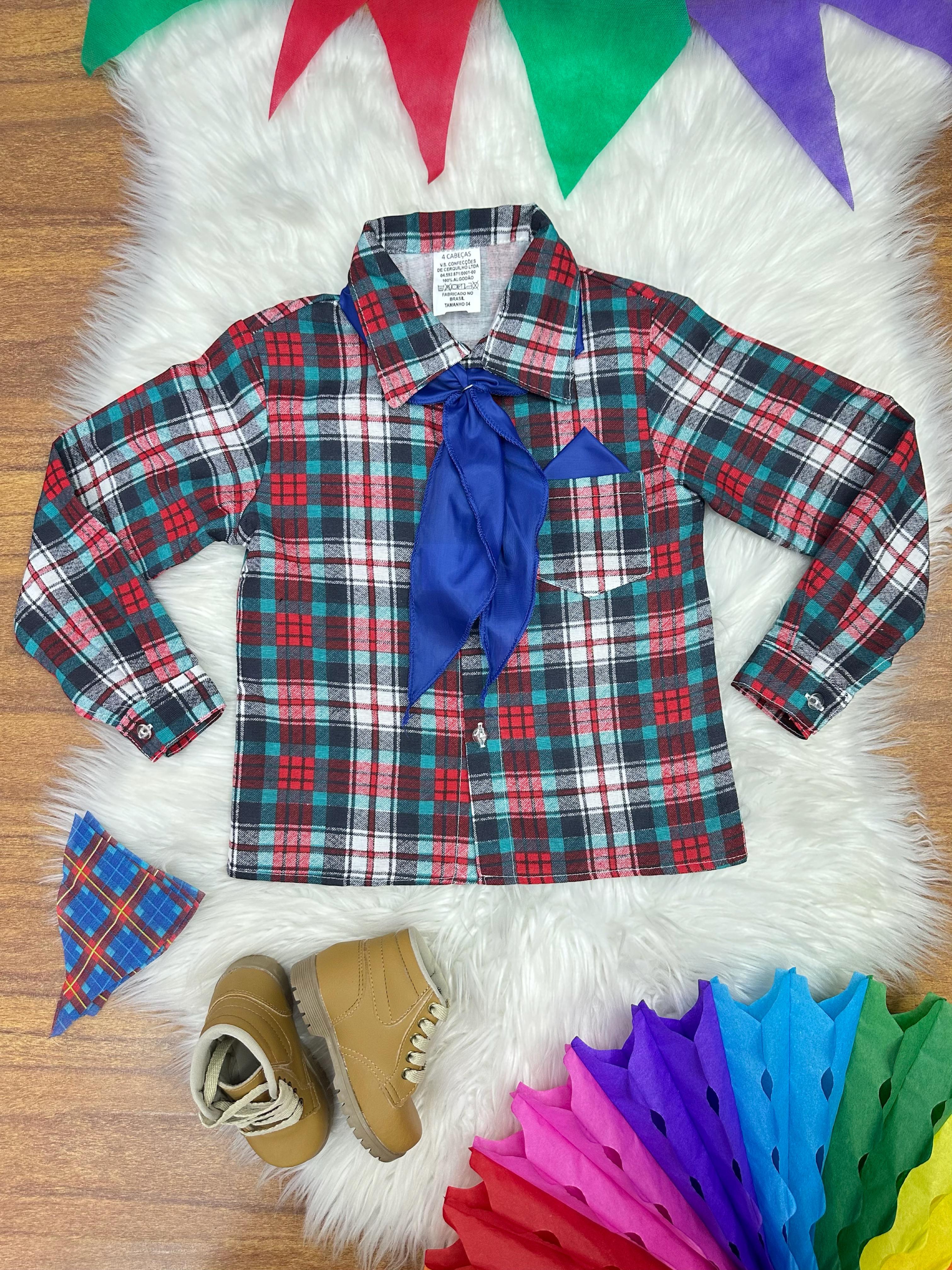 Camisa Flanelada Xadrez Junino Verde e Vermelho C/ Lenço e Gravata
