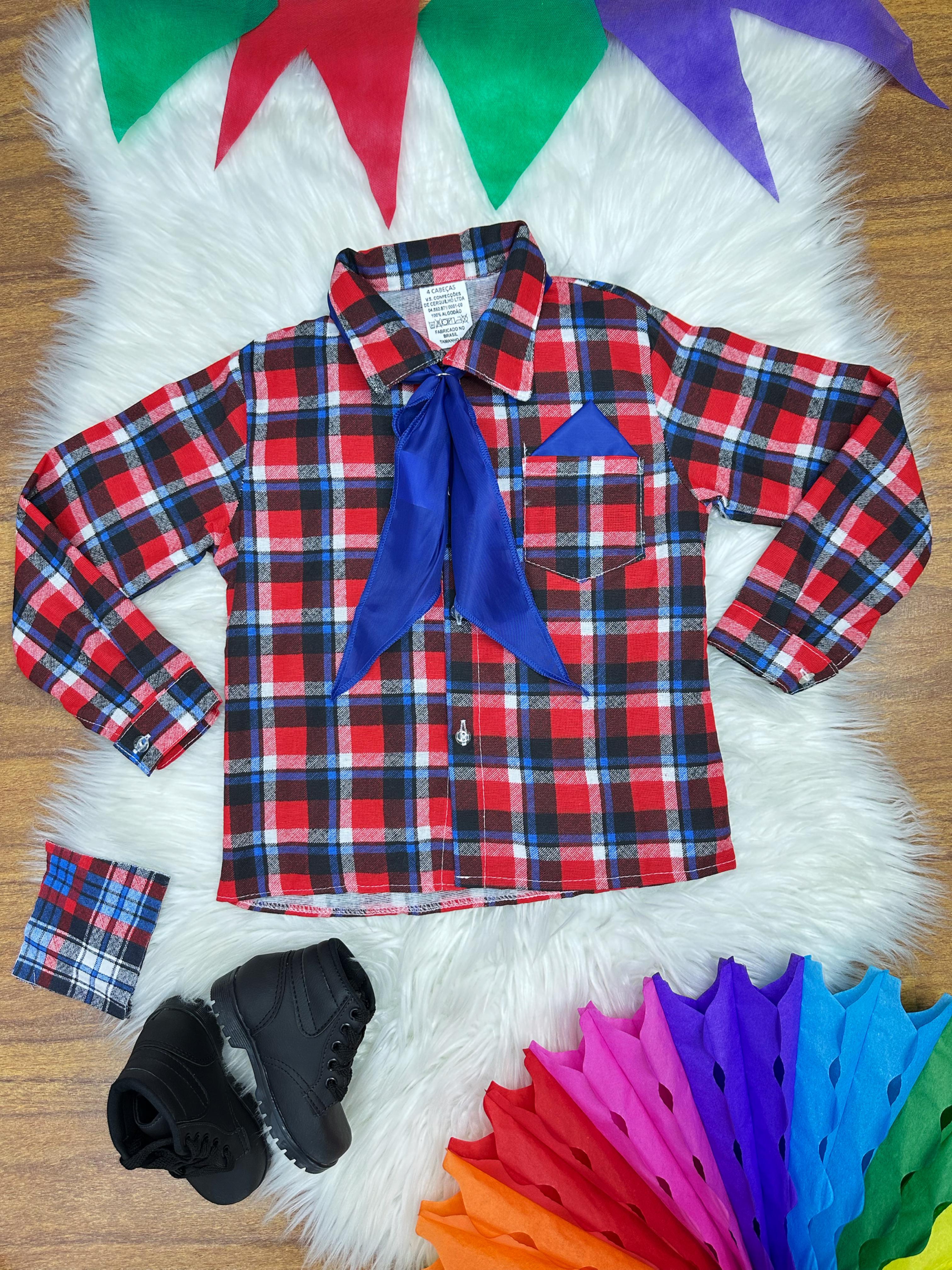 Camisa Flanelada Xadrez Junino Vermelho e Azul C/ Lenço e Gravata