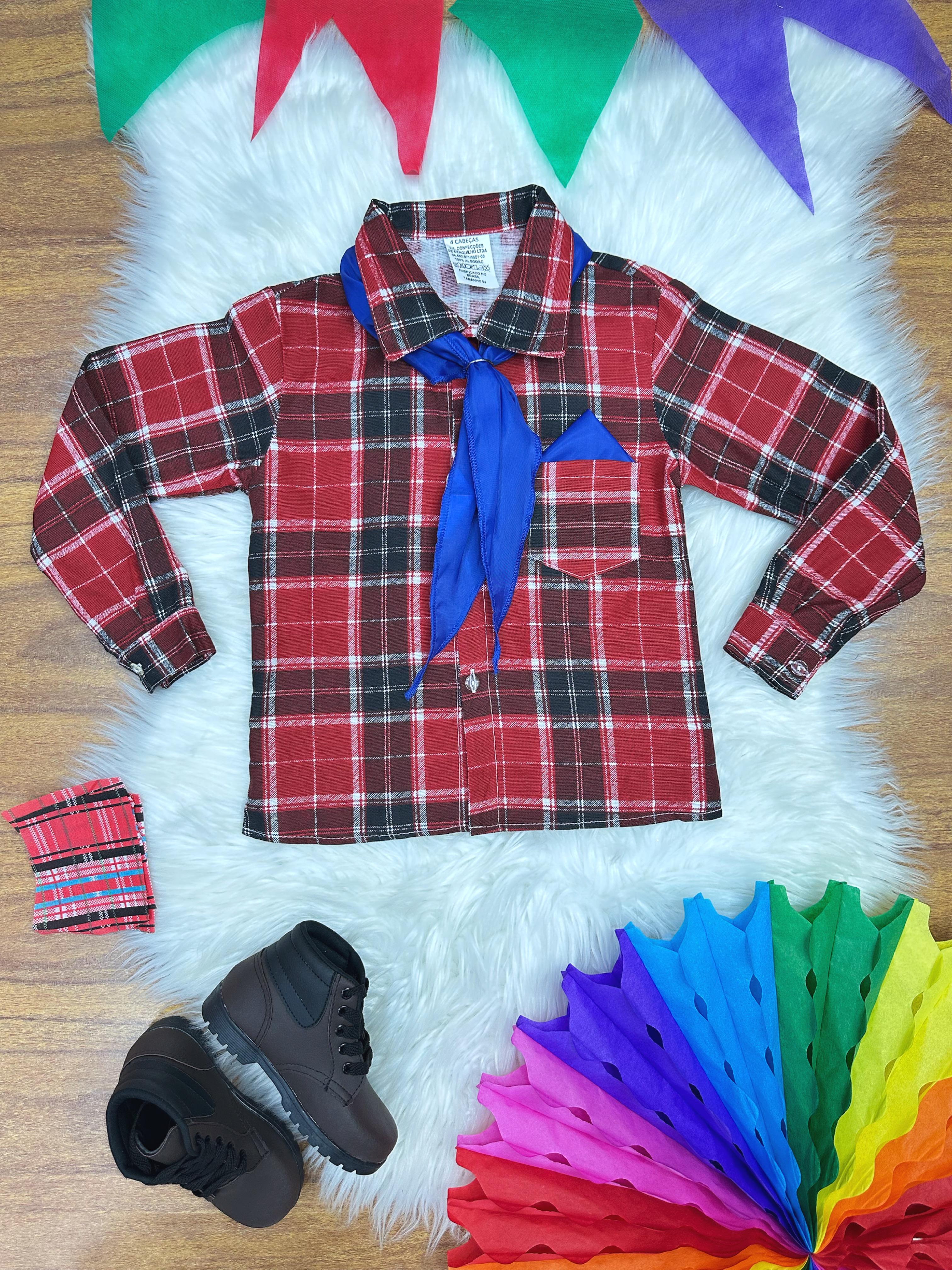 Camisa Flanelada Xadrez Junino Vermelho e Preto C/ Lenço e Gravata