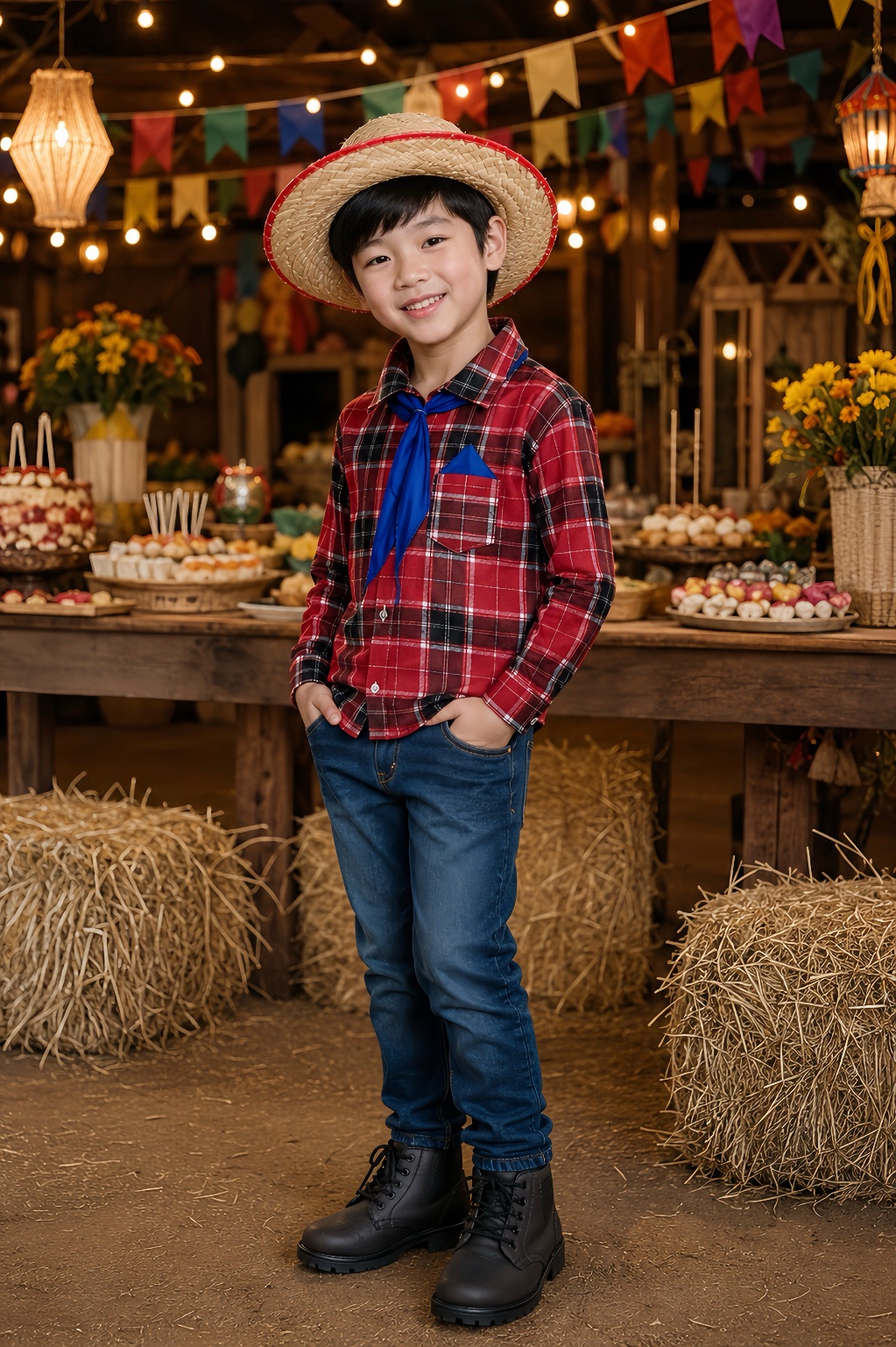 Camisa Flanelada Xadrez Junino Vermelho e Preto C/ Lenço e Gravata