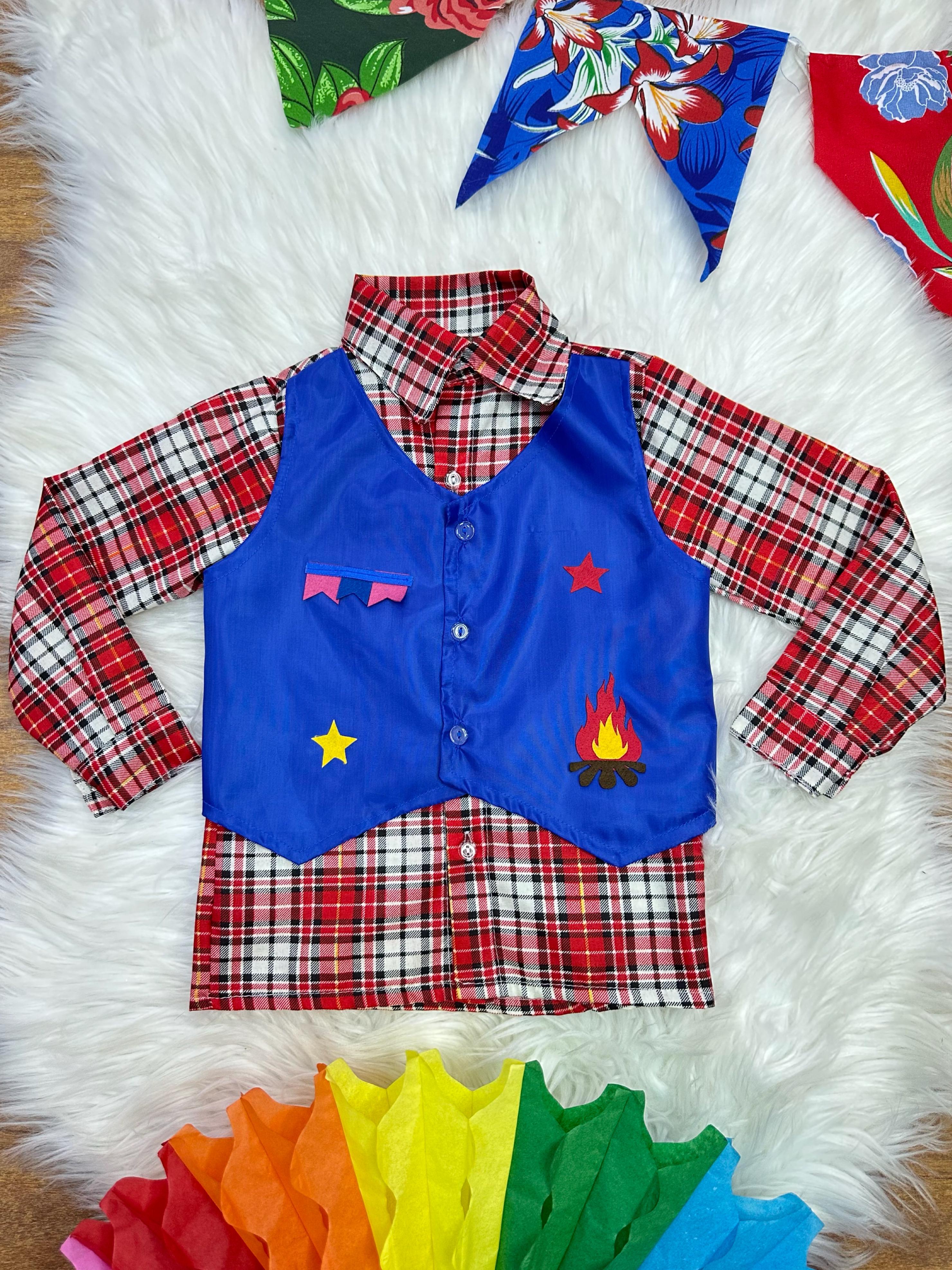Camisa Menino em Poliéster Fantasia Quadrilha Festa Junina Vermelho