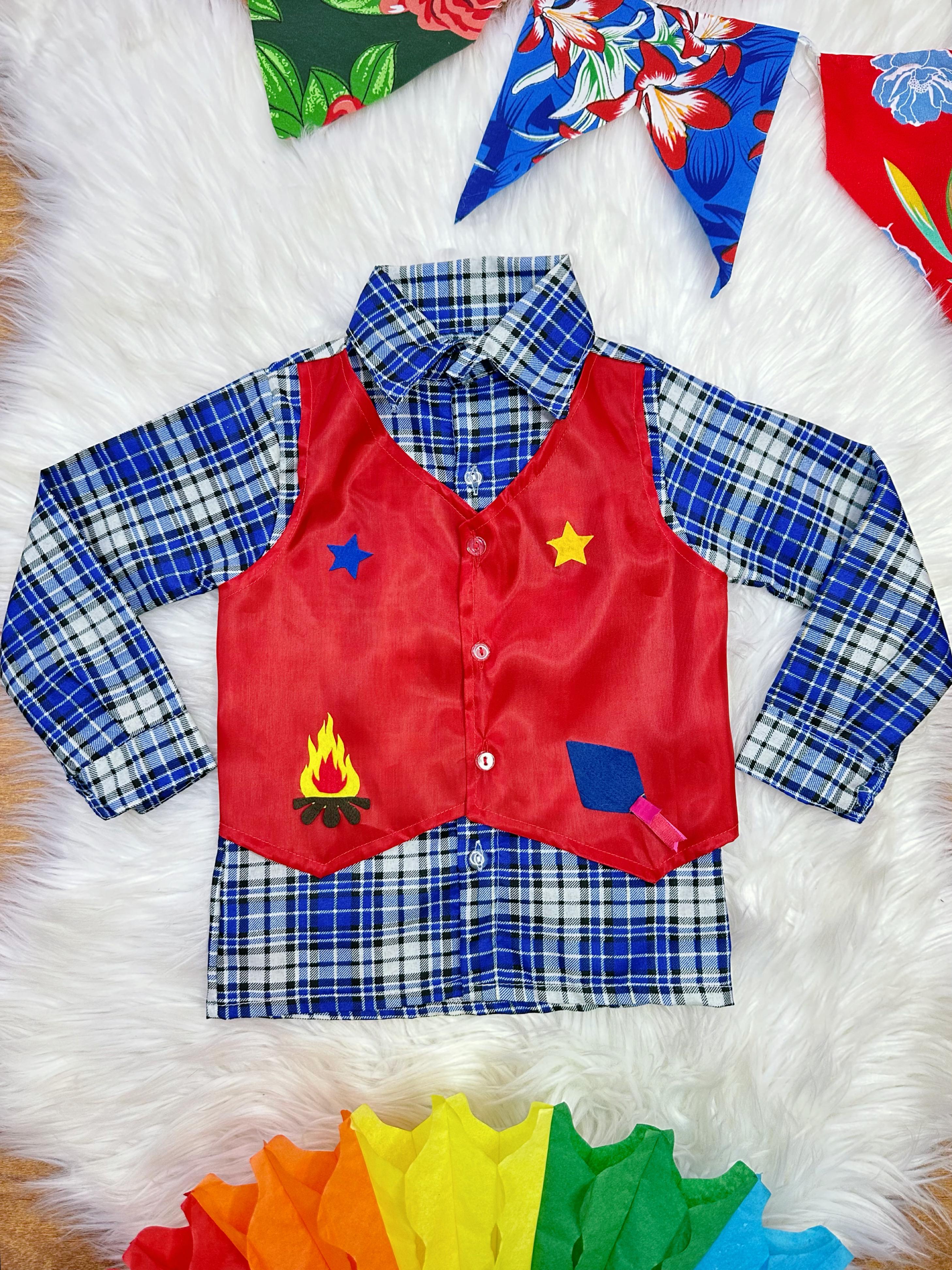 Camisa Menino em Poliéster Fantasia Quadrilha Junino Festa Azul