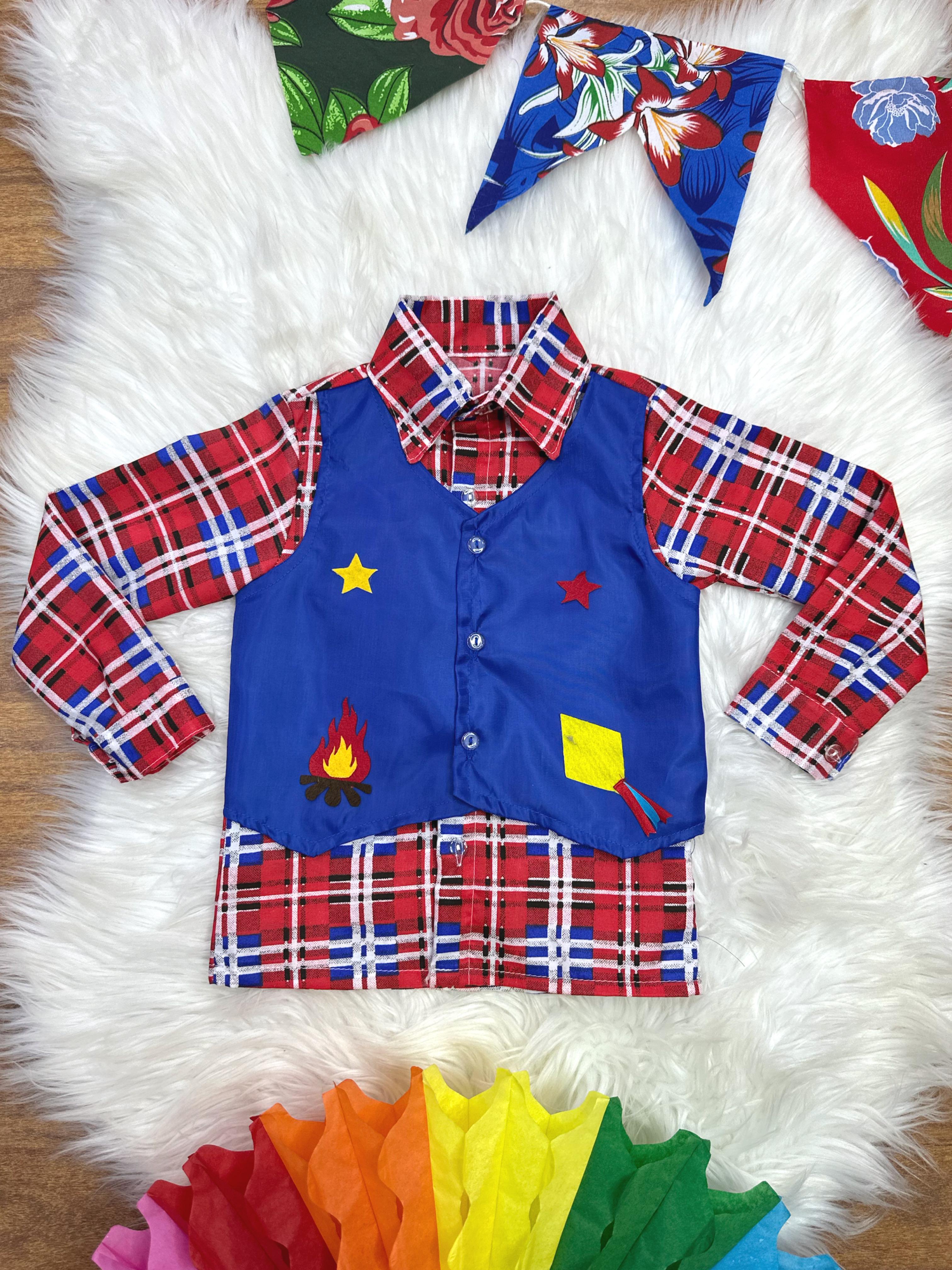 Camisa Menino em Poliéster Fantasia Quadrilha Junino Festa Vermelho