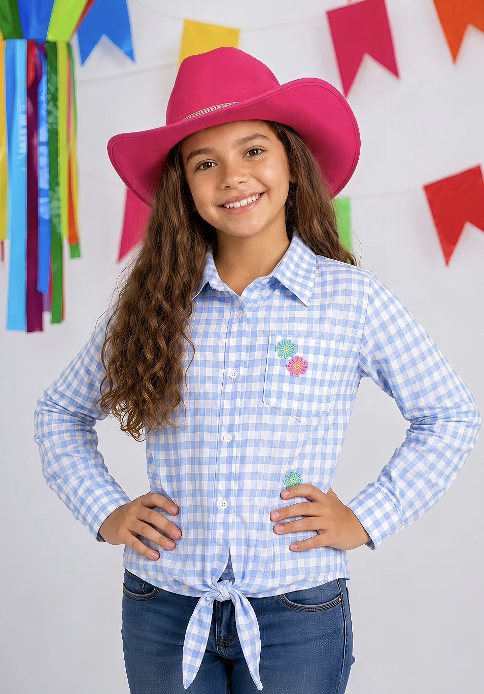 Camisa Infantil Meninas Xadrez Poliéster Junina Azul e Branco