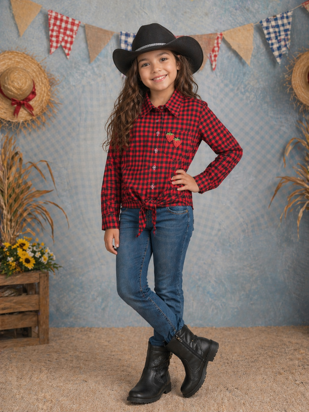 Camisa Infantil Meninas Xadrez Junina Preto e Vermelho