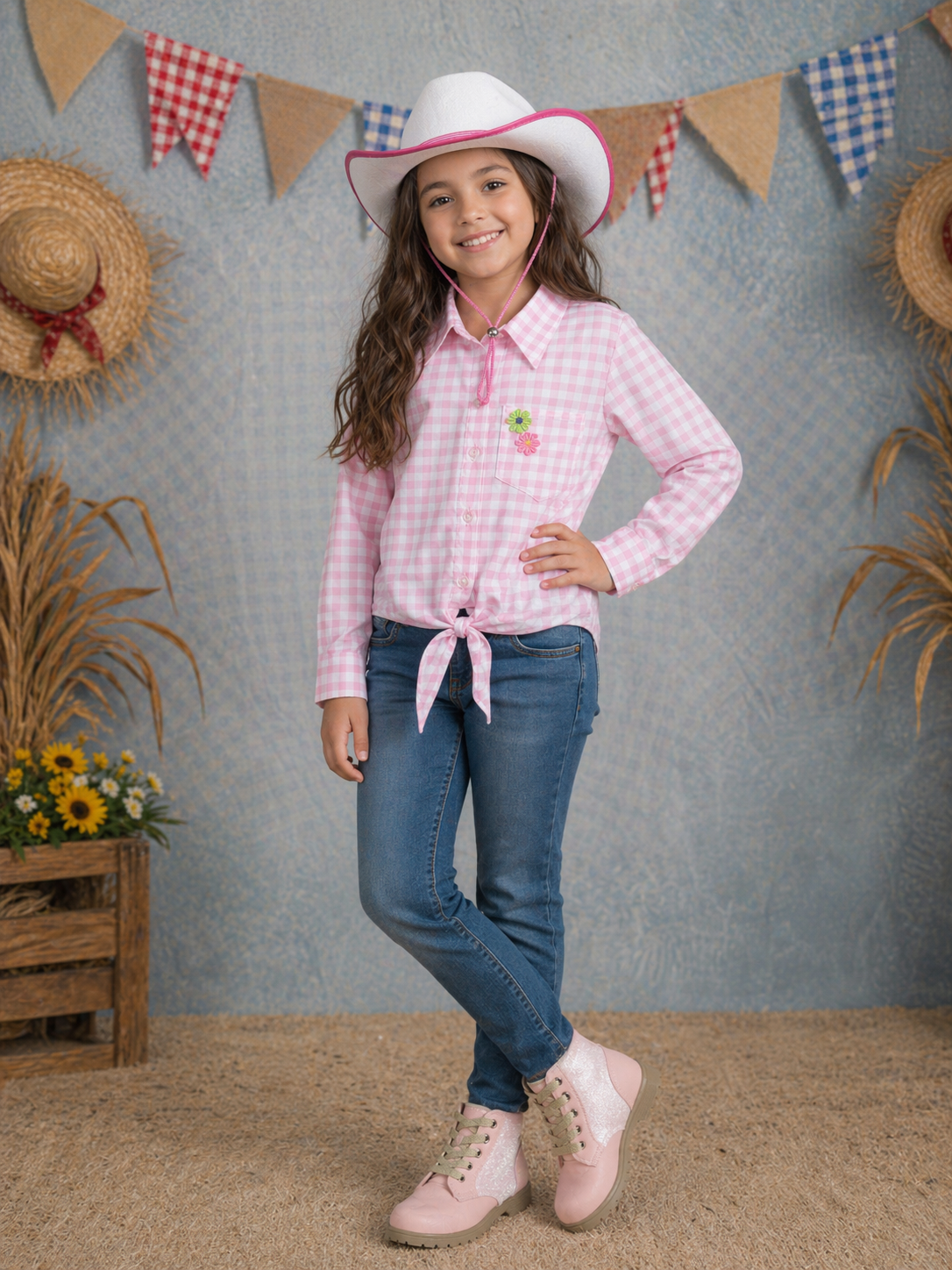 Camisa Infantil Meninas Xadrez Junina Rosa e Branco
