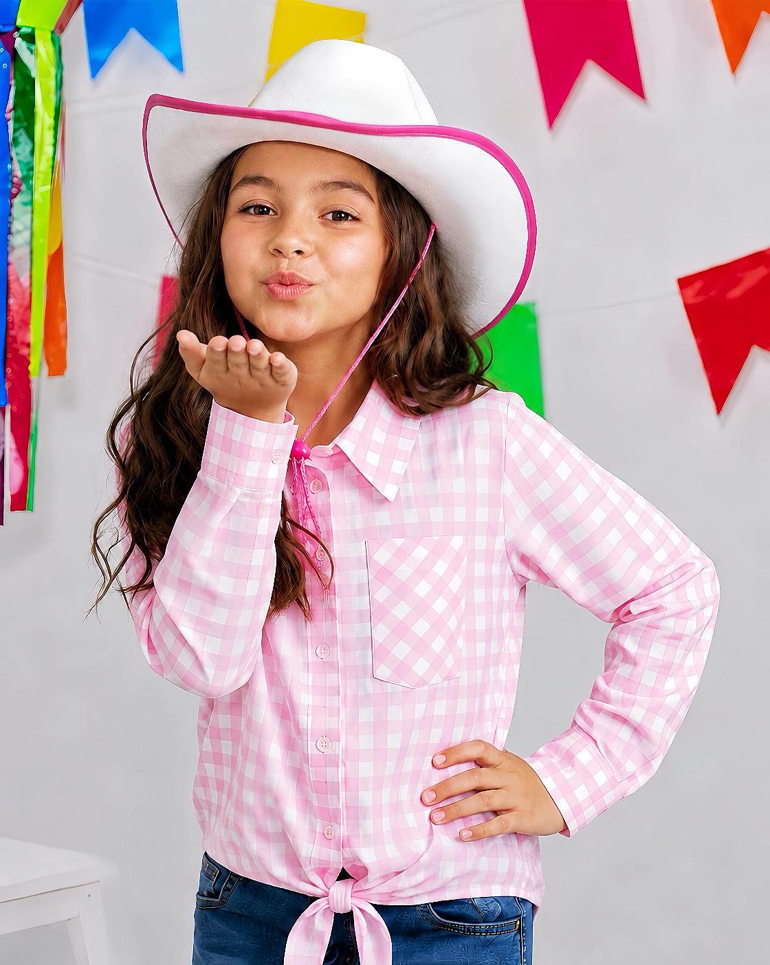 Camisa Infantil Meninas Xadrez Junina Rosa e Branco