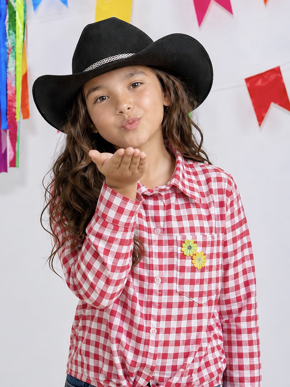 Camisa Infantil Meninas Xadrez Poliéster Junina Vermelho e Branco