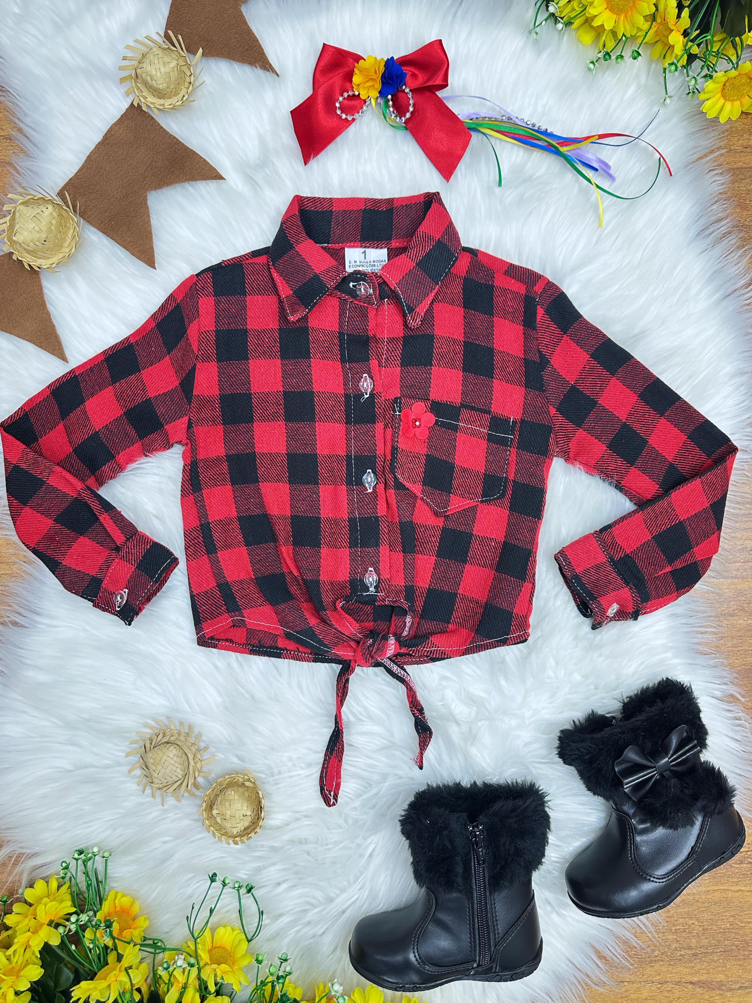 Camisa Infantil Meninas Flanelada Xadrez Junina Preto e Vermelho