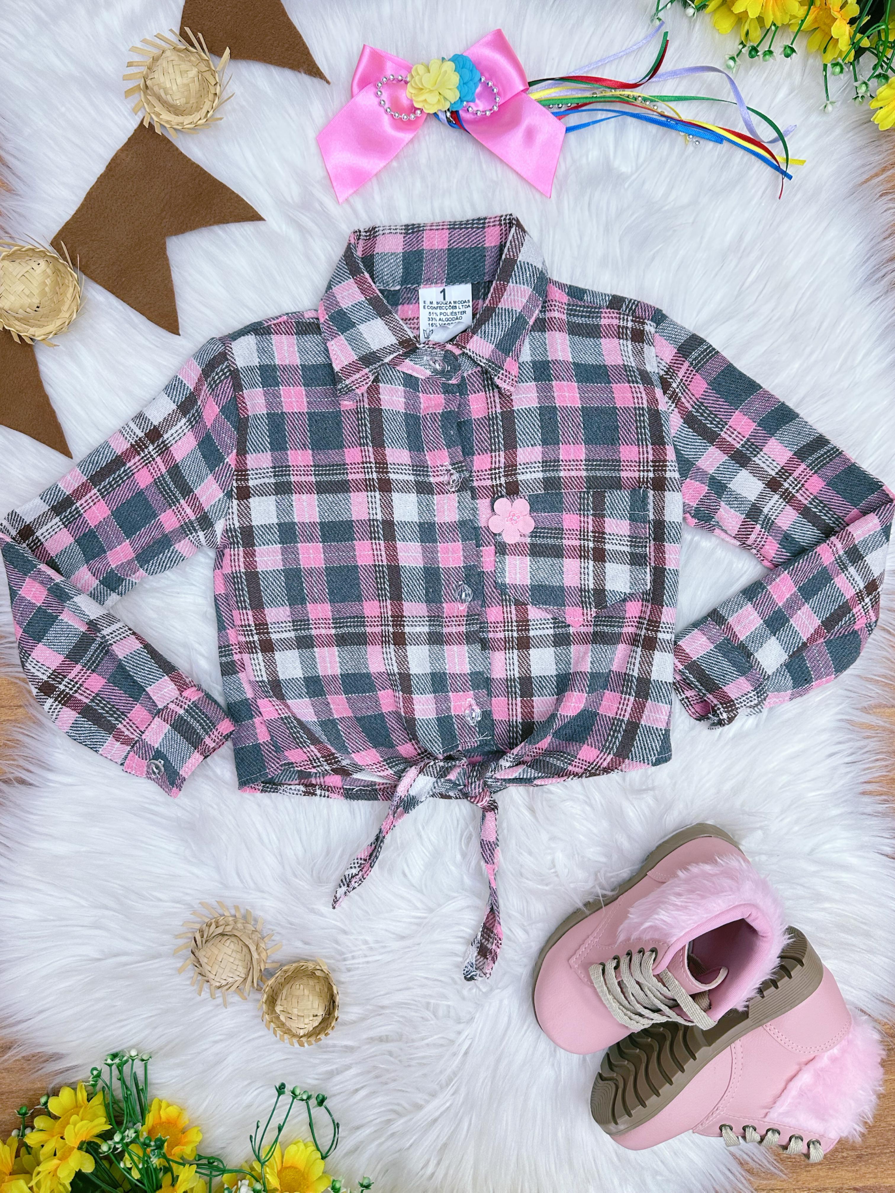Camisa Infantil Meninas Flanelada Xadrez Junina Arraiá Rosa
