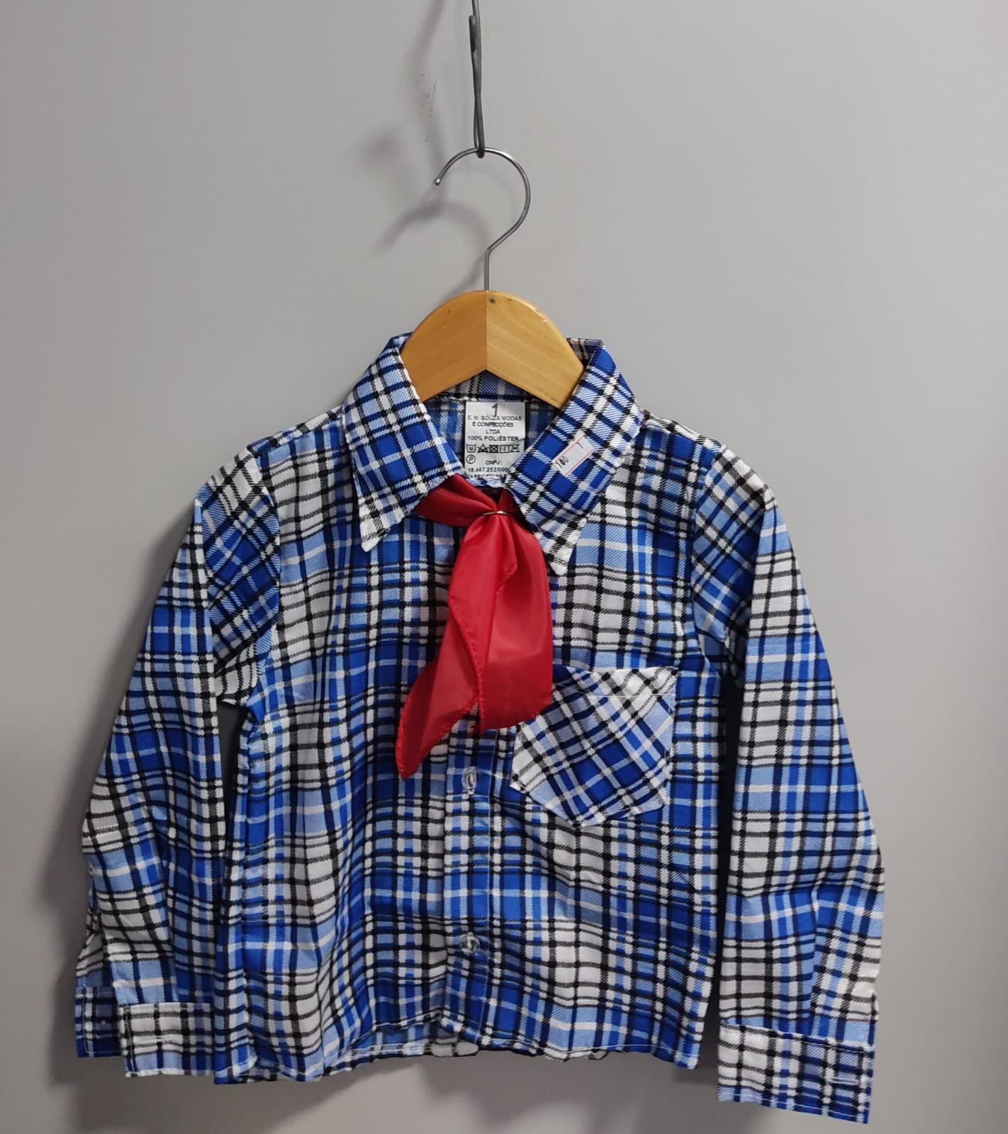 Camisa Xadrez Junino Caipira Azul Com Gravata