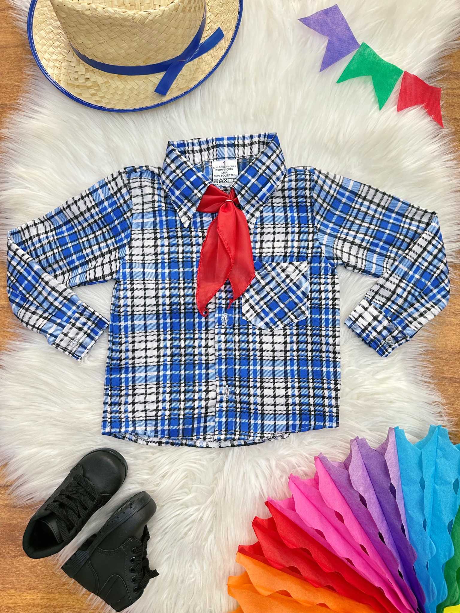 Camisa Xadrez Junino Caipira Azul Com Gravata