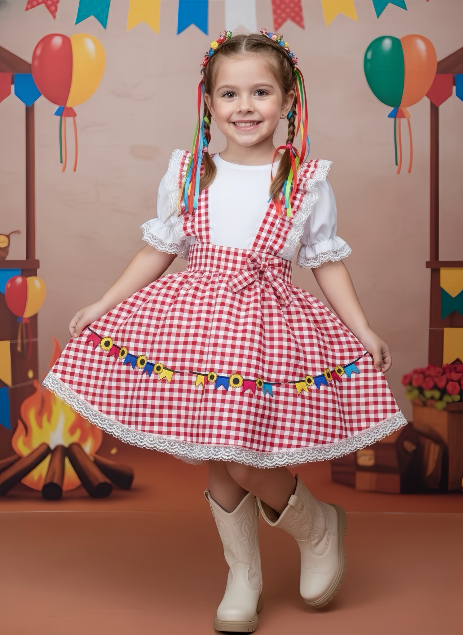 Conjunto Infantil Junino Salopete Branca Saia Xadrez Vermelho