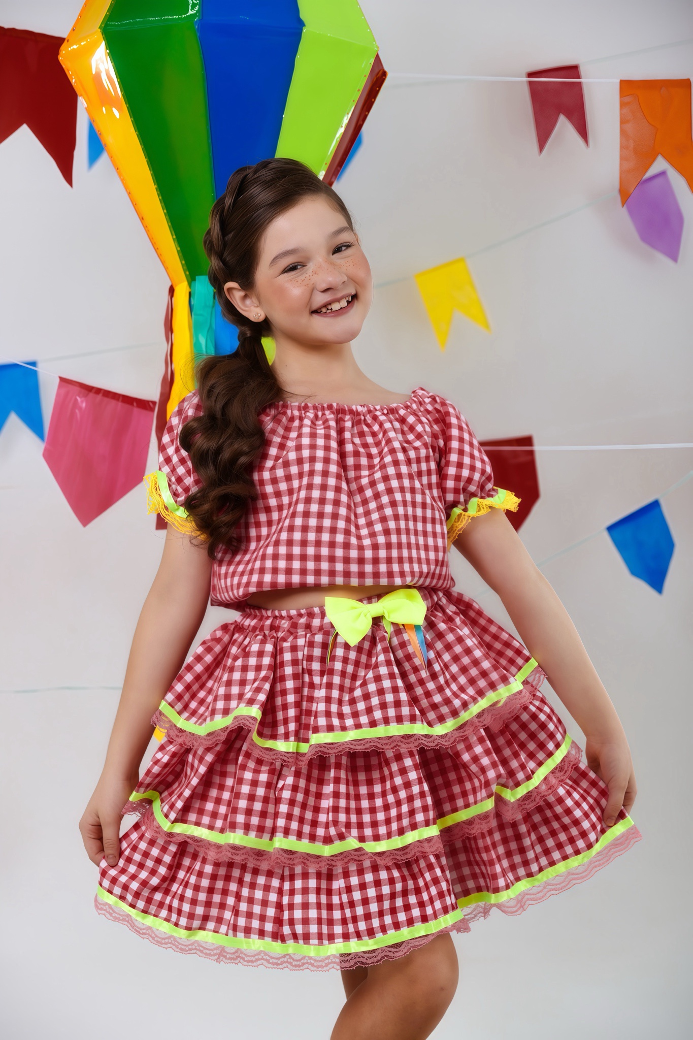 Conjunto Meninas Festa Junina Vermelho Xadrez Cropped Com Saia