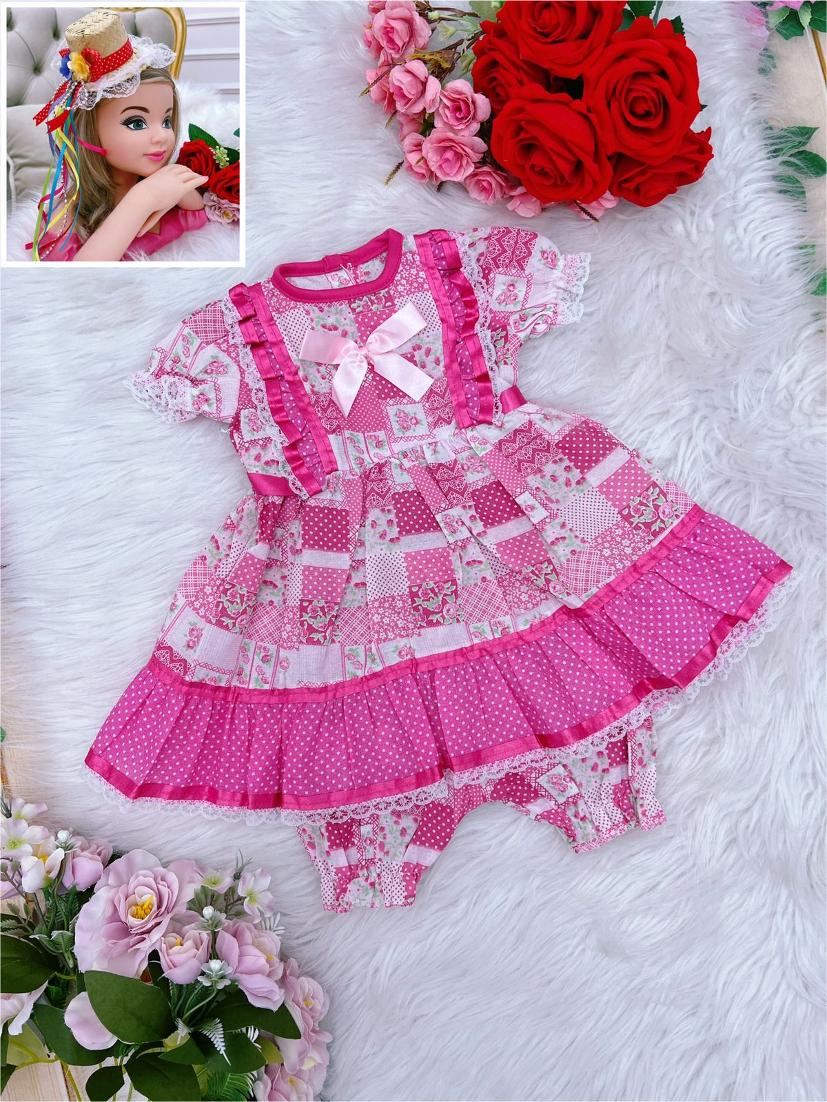 Fantasia Bebê Junino Rosa Chiclete P-M-G  - Podem Ter Variação Cor