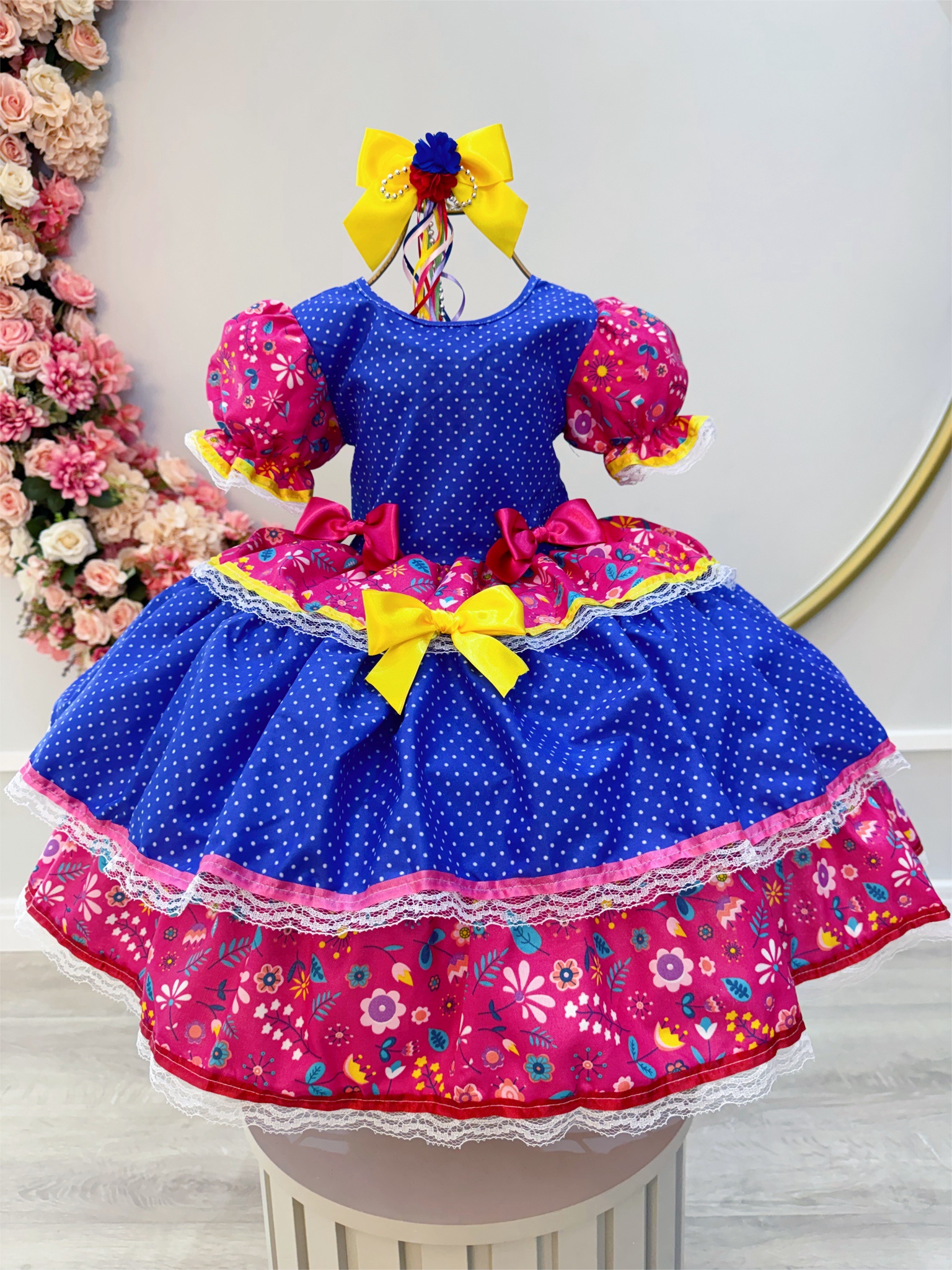 Fantasia Infantil Arraiá Junino Azul Estampa Florida Colorida