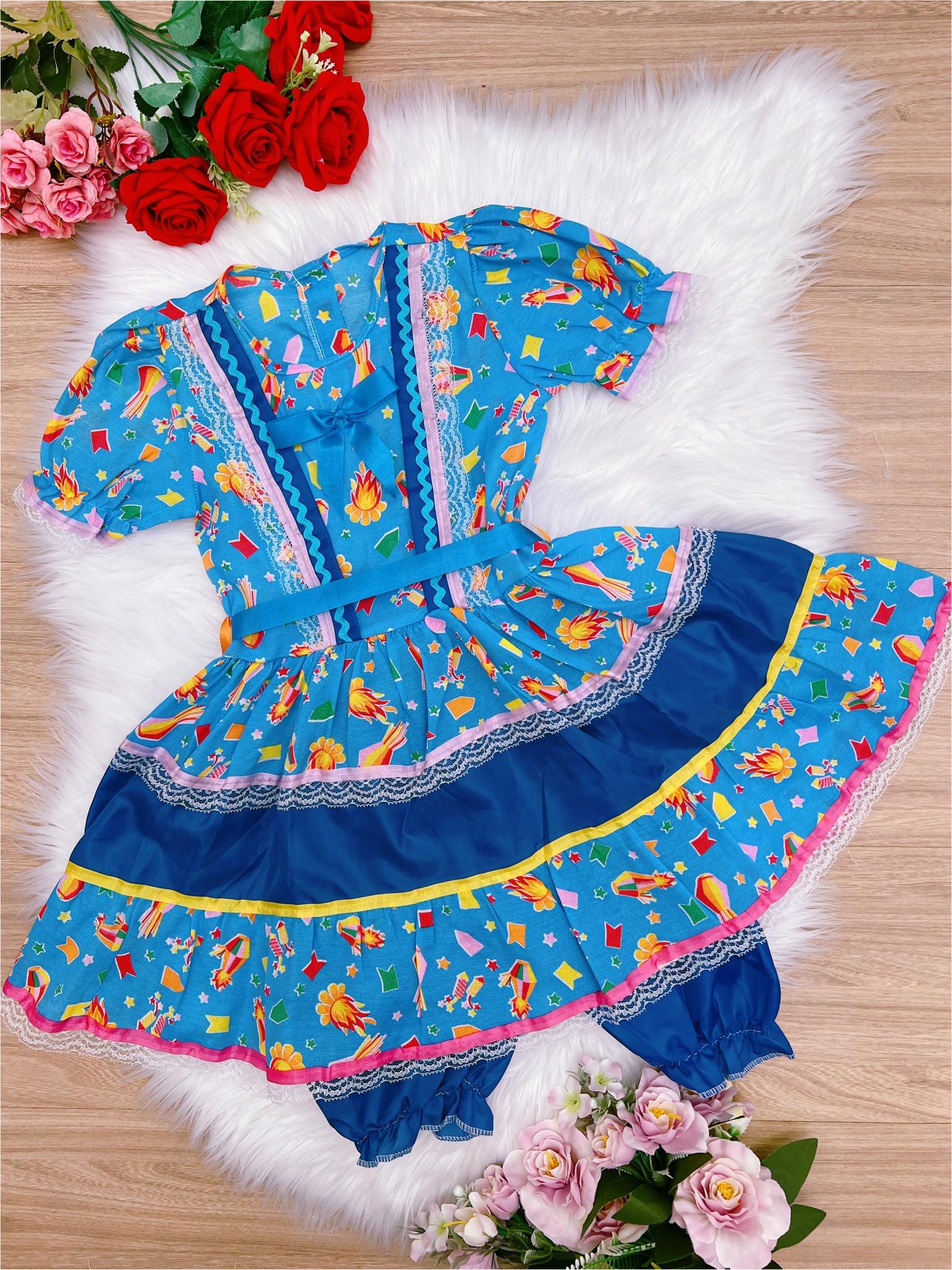 Fantasia Infantil Junino Azul Claro - 4-6-8-10-12-14-16 - Podem Ter Variação Cor