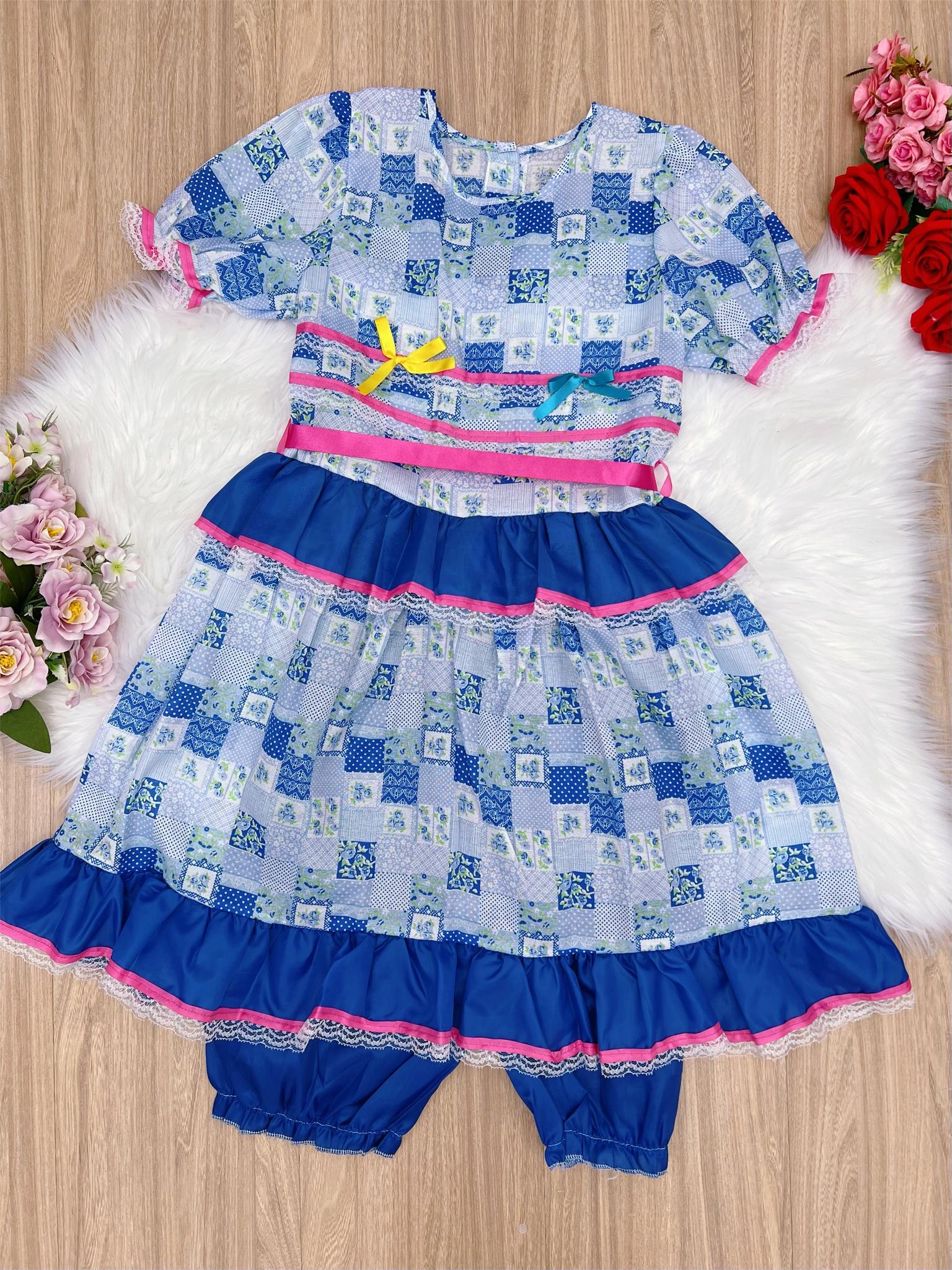 Fantasia Infantil Junino Azul e Branco - 4 - 6 - 8 -10 - 12 - 14 - 16 - Podem Ter Variação Cor