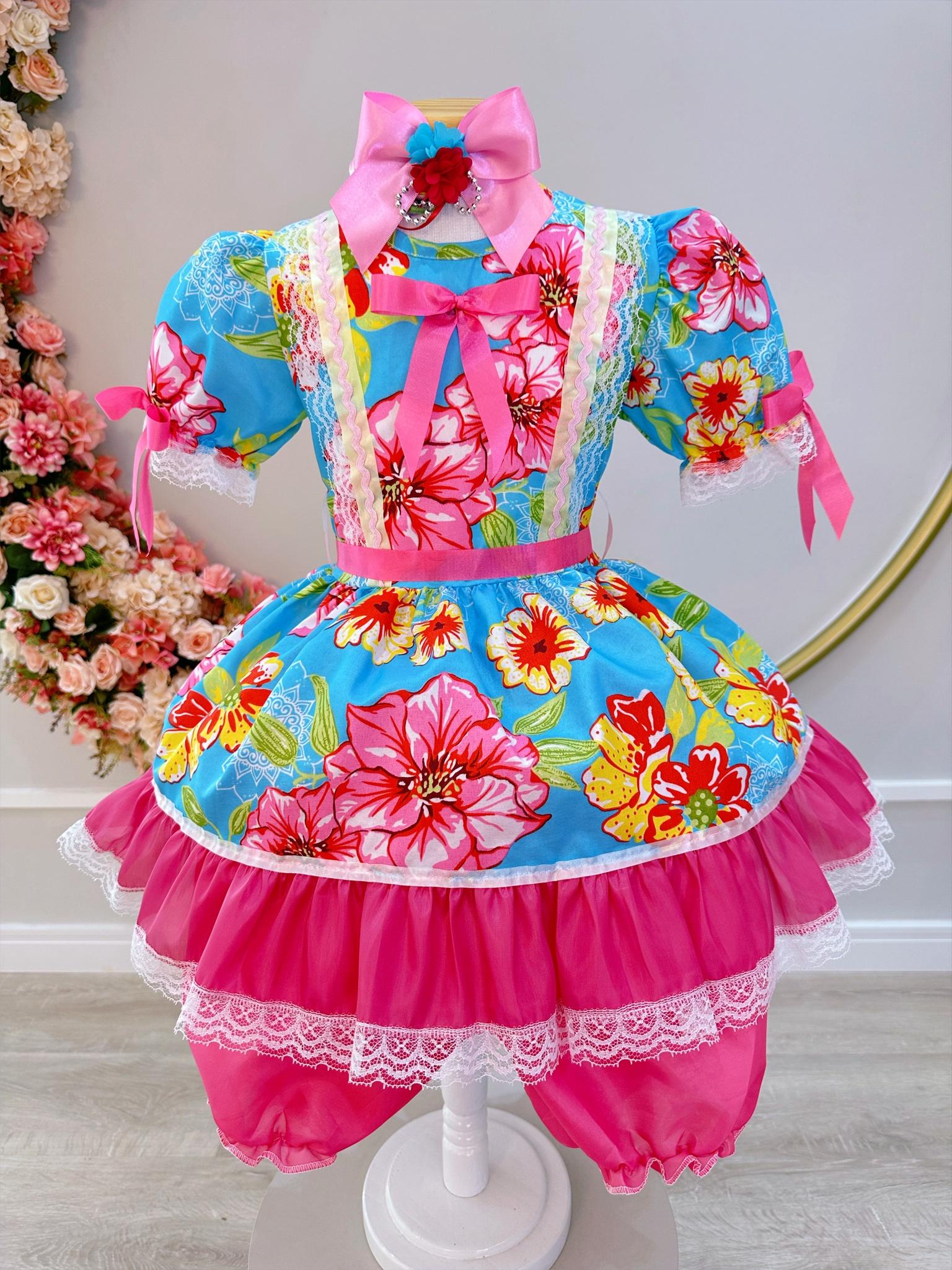 Fantasia Infantil Junino Azul e Pink Com Estampa Colorida